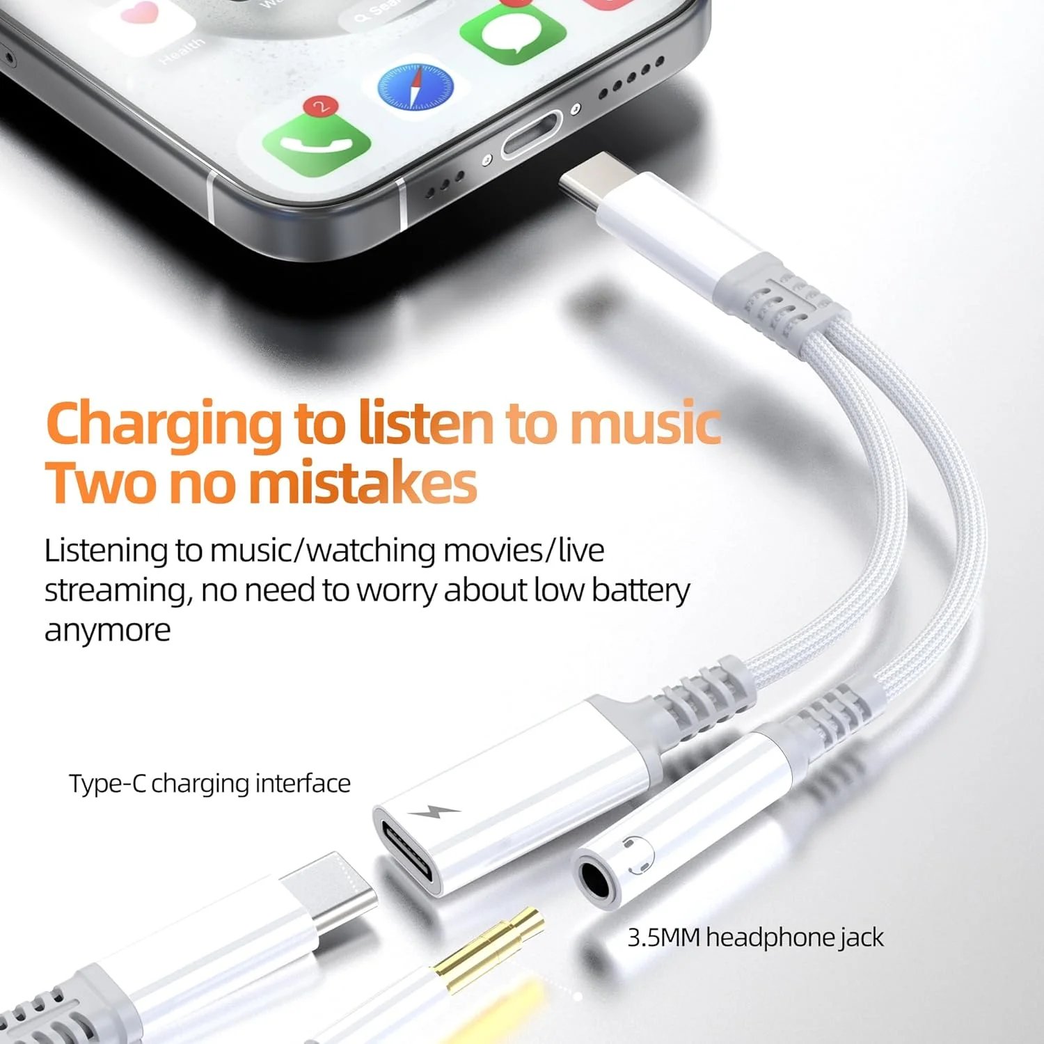 آداپتور USB C به AUX برای آیفون 16 15 پرو مکس (2 در 1) کابل شارژر صوتی جک هدفون 3.5 میلی متری سازگار با سامسونگ گلکسی دانگل سیم برای تلفن سیمی اپل اندروید مادگی برای اسپلیتر هدفون آیپد