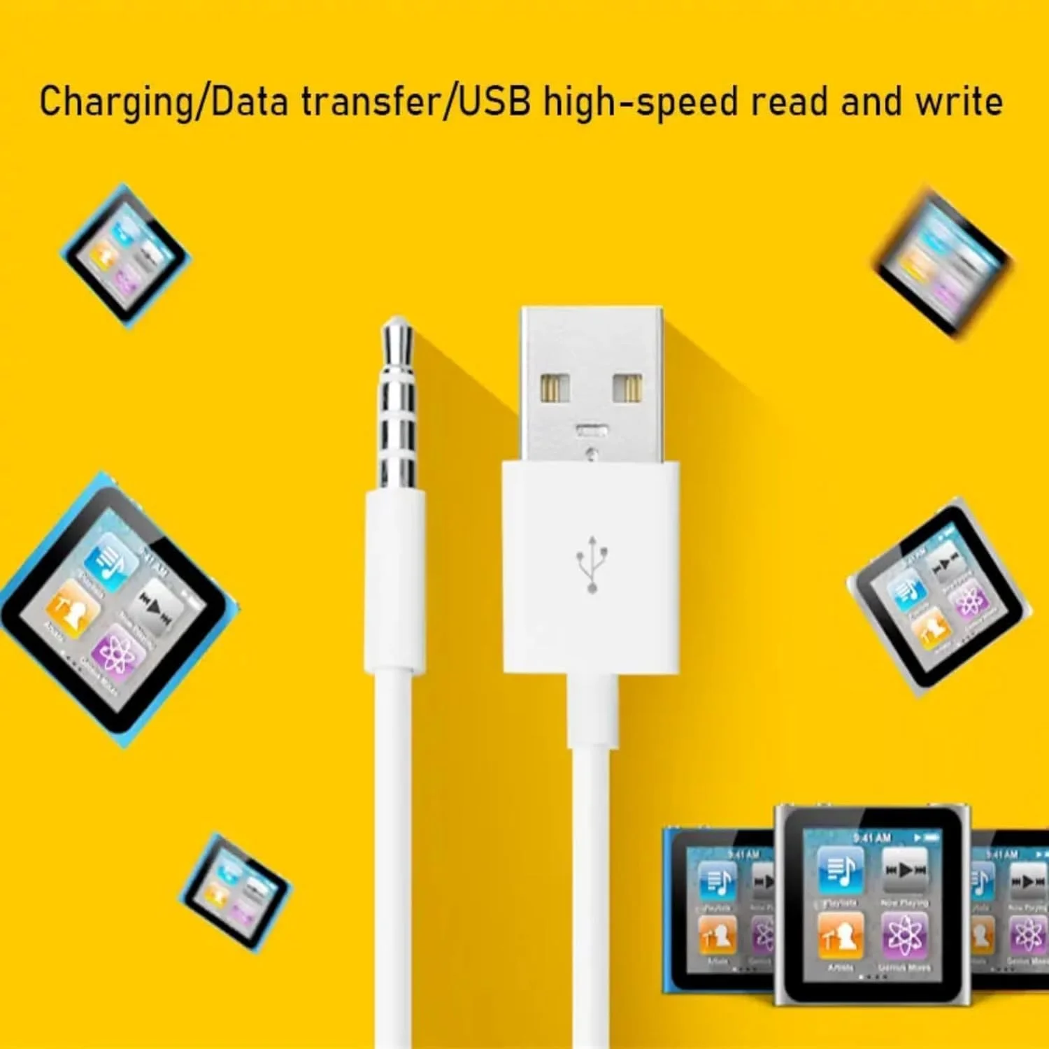 بسته 2 عددی کابل شارژر USB با طول 10.5 سانتی متر، کابل انتقال داده و شارژ برای آیپاد شافل، کابل جک/پلاگ 3.5 میلی متری به USB، کابل انتقال داده و شارژ برای آیپاد شافل نسل 3، 4 و 5 MP3/MP4