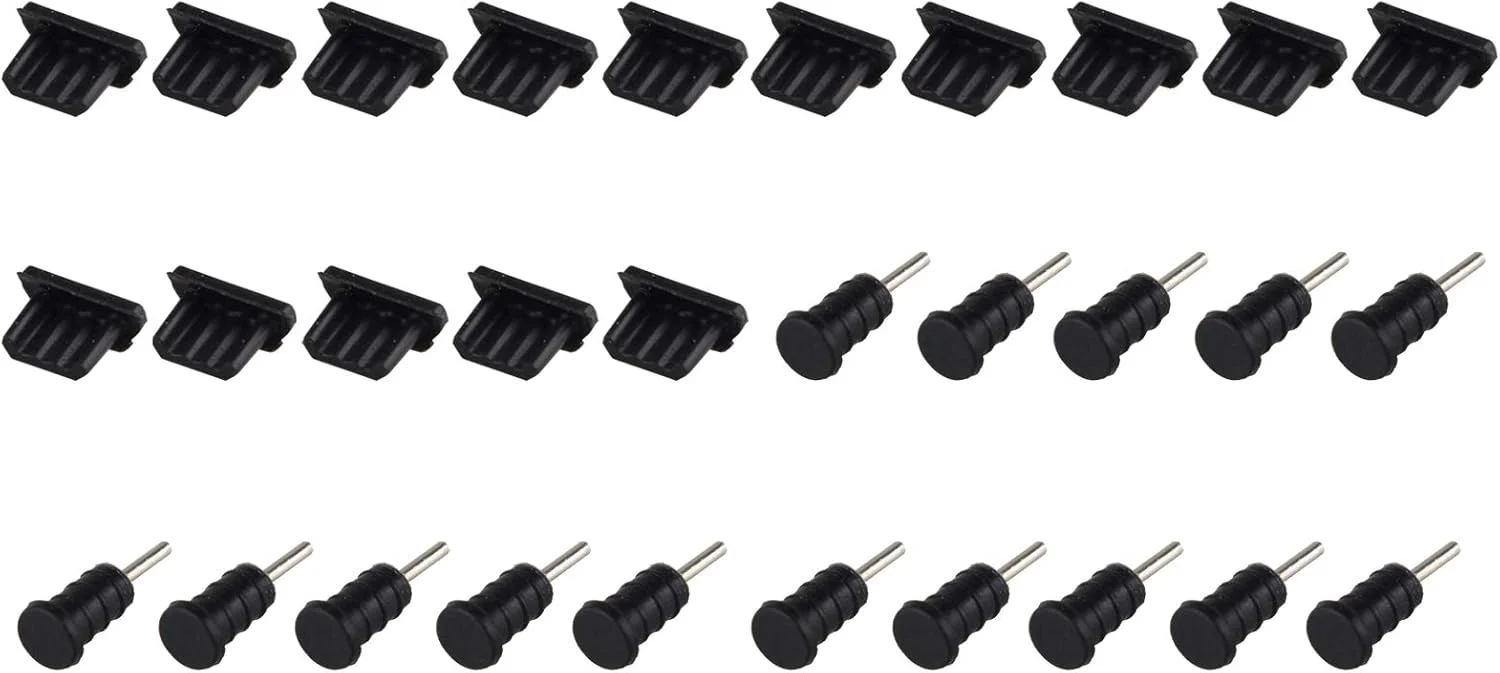 30 عدد درپوش محافظ پورت میکرو USB و جک هدفون 3.5 میلی‌متری سیلیکونی ضد گرد و غبار، سازگار با تلفن همراه، مشکی