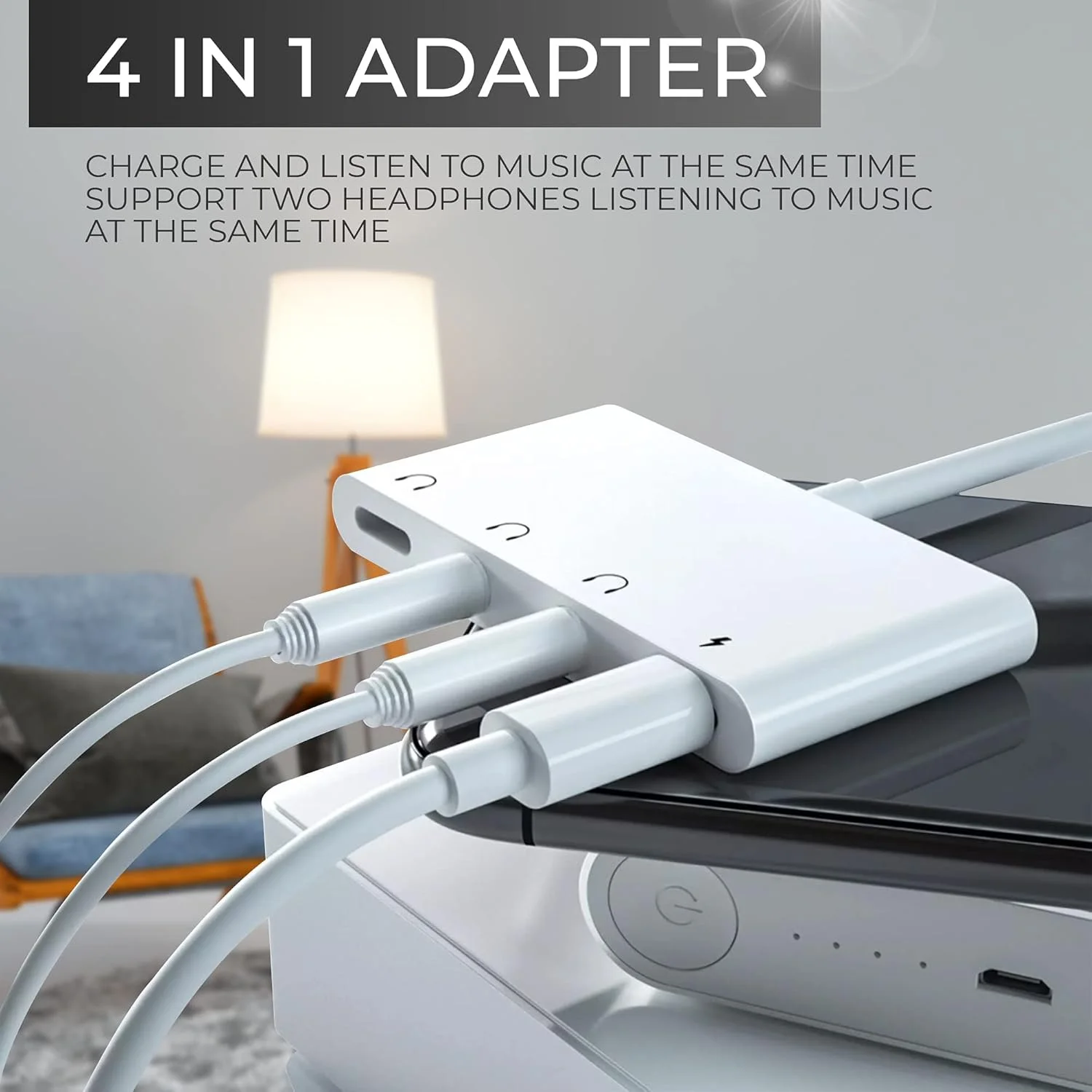 تبدیل لایتنینگ به جک هدفون Excefore برای آیفون، اسپلیتر صدا AUX دو طرفه برای آیفون/آیپد، تبدیل 4 در 1 لایتنینگ به جک 3.5 میلی متری هدفون و پورت شارژ