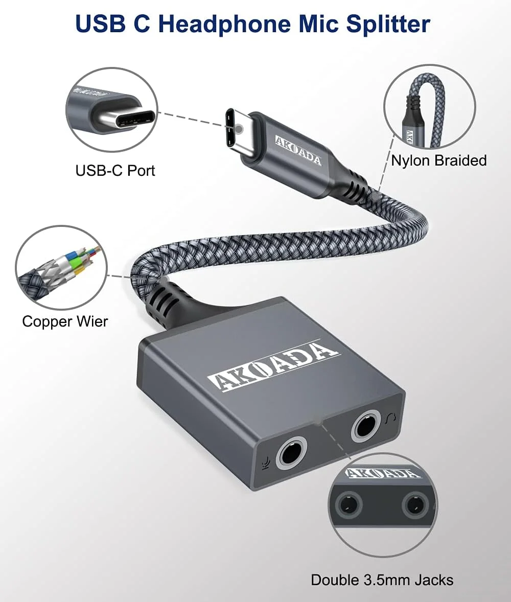 تبدیل USB C به جک 3.5 میلی متری هدفون، آداپتور صوتی USB-C به جک هدفون AkoaDa (خاکستری)