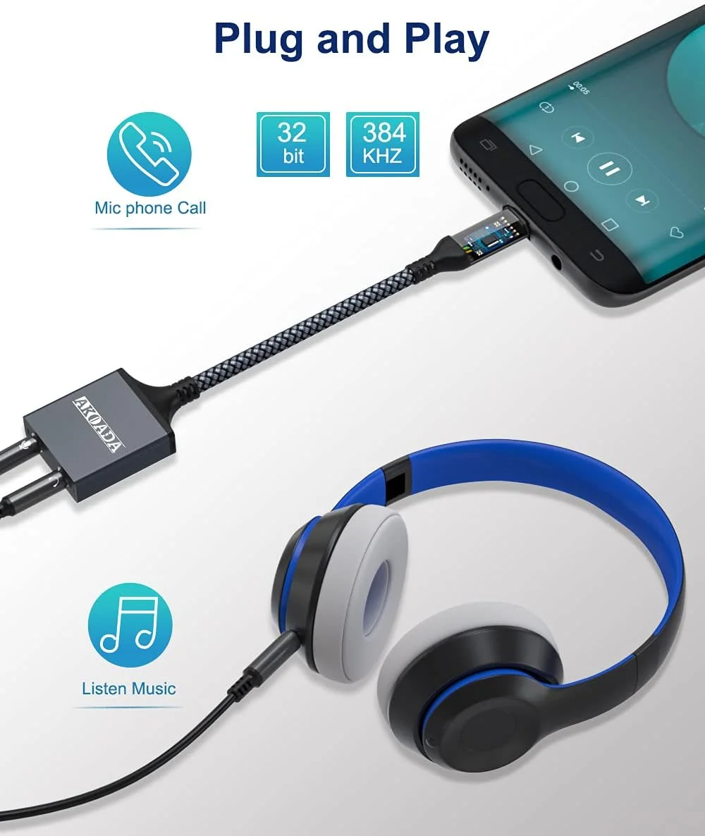 تبدیل USB C به جک 3.5 میلی متری هدفون، آداپتور صوتی USB-C به جک هدفون AkoaDa (خاکستری)