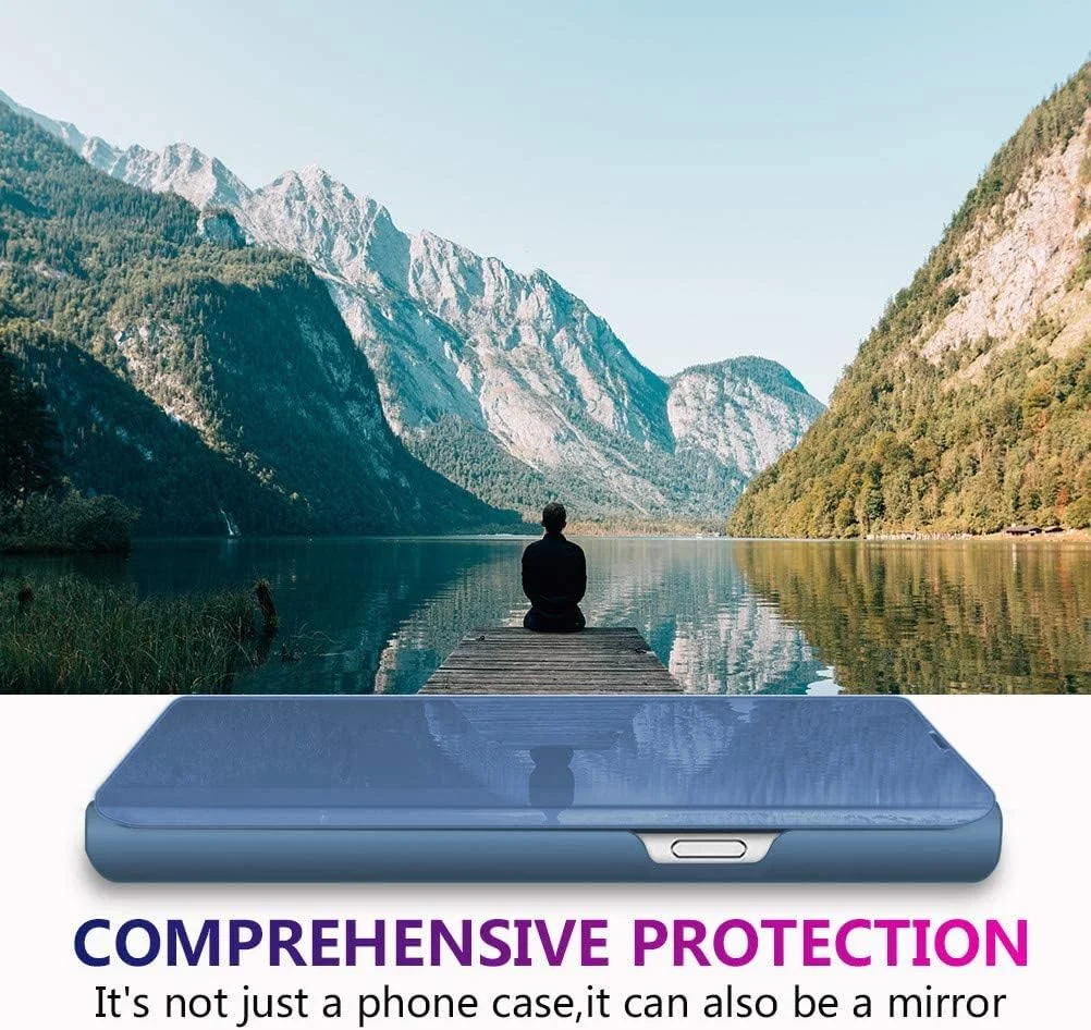 قاب گوشی سامسونگ گلکسی اس 9، قاب محافظ چرمی آینه‌ای تاشو با قابلیت استند، دید شفاف، کامپیوتر سخت با محافظت 360 درجه و عملکرد استند (آبی، گلکسی اس 9)