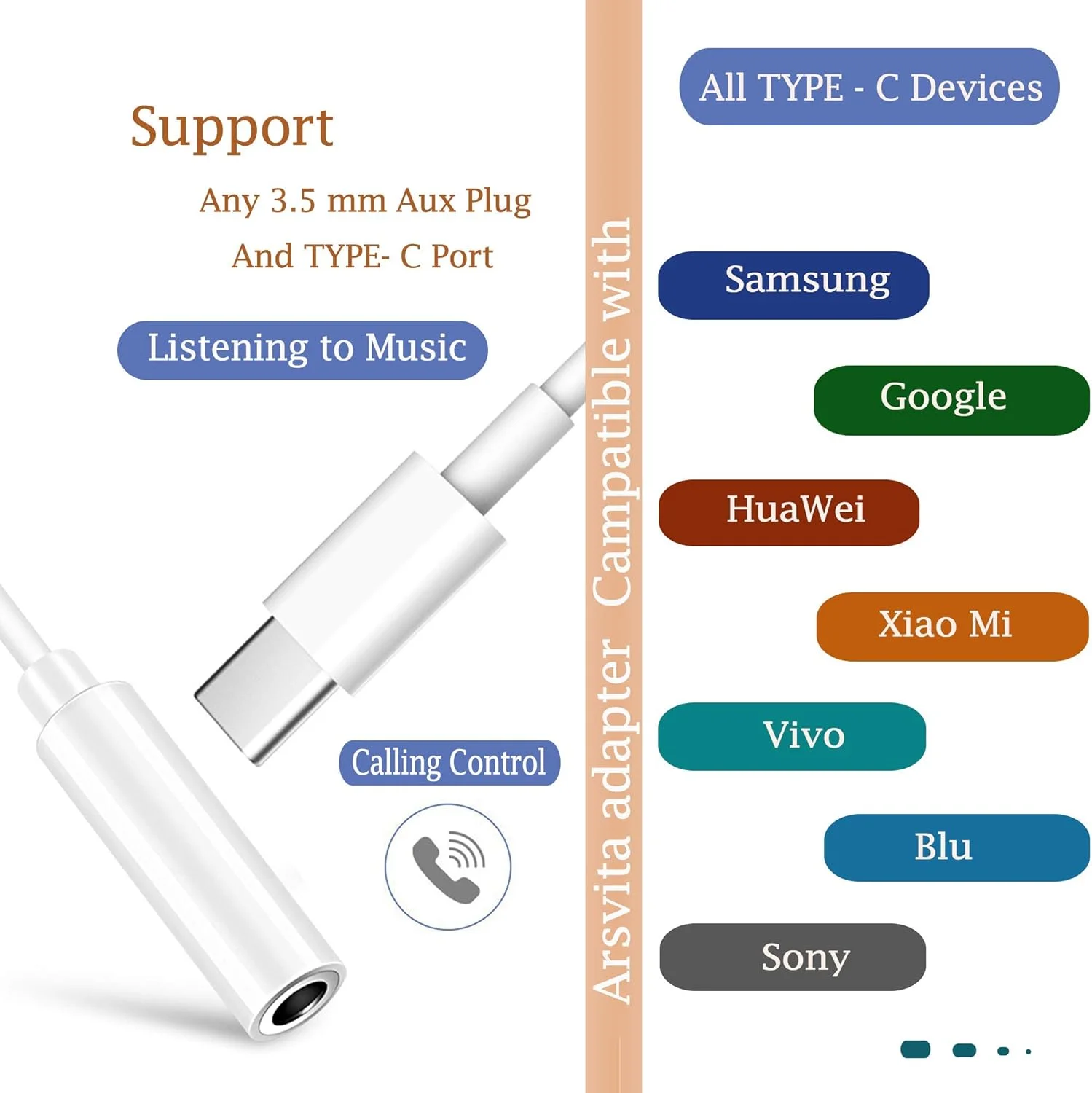 آداپتور کاست AUX صوتی خودرو Arsvita و یک آداپتور جک صوتی AUX Type C به 3.5 میلی‌متری، سازگار با Google، Samsung، Xiaomi، Huawei و همه دستگاه‌های دارای پورت Type C - سفید