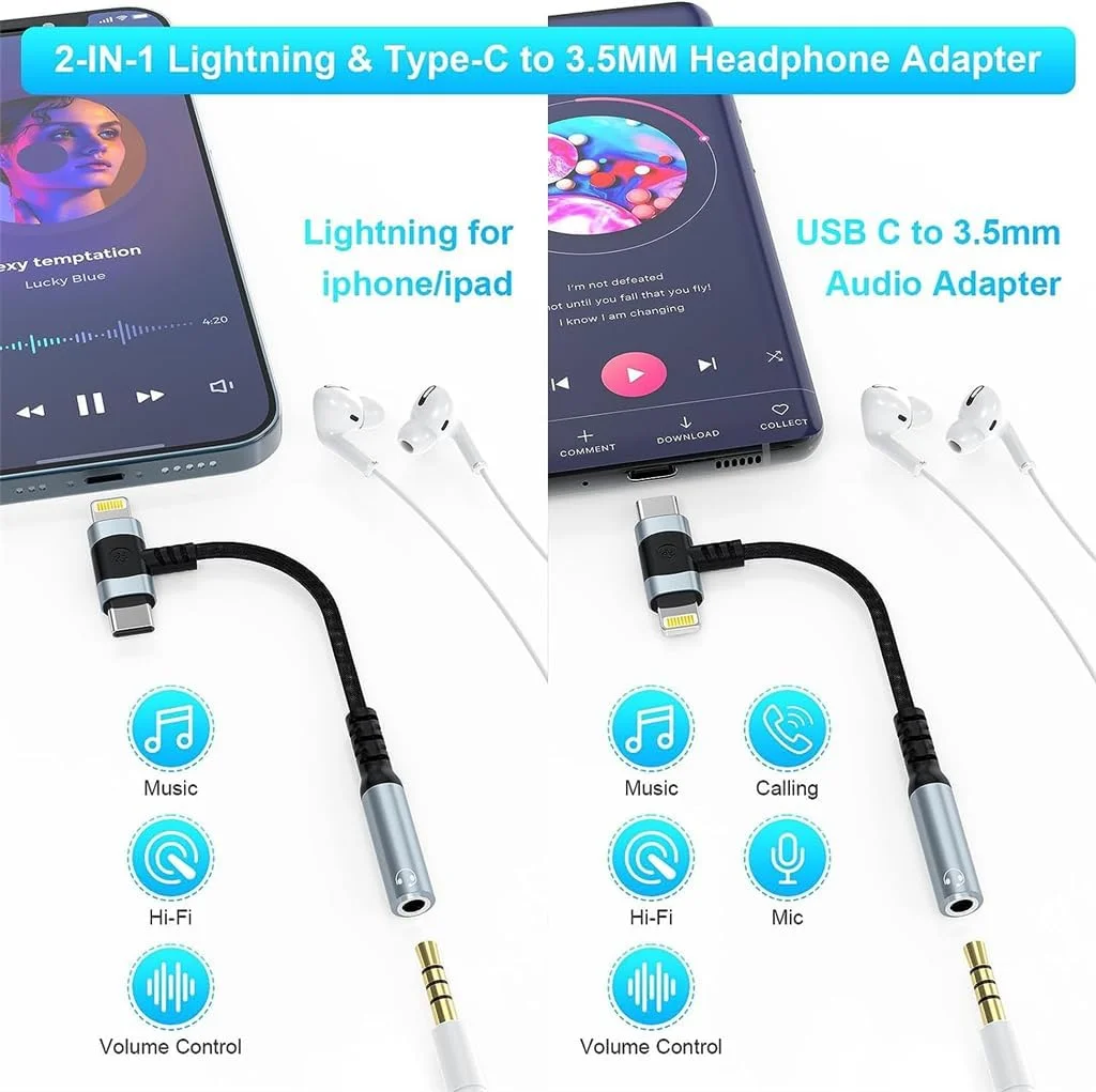 تبدیل لایتنینگ به جک هدفون 3.5 میلی متری 2 در 1 آزونی، مناسب برای آیفون، سامسونگ گلکسی و غیره