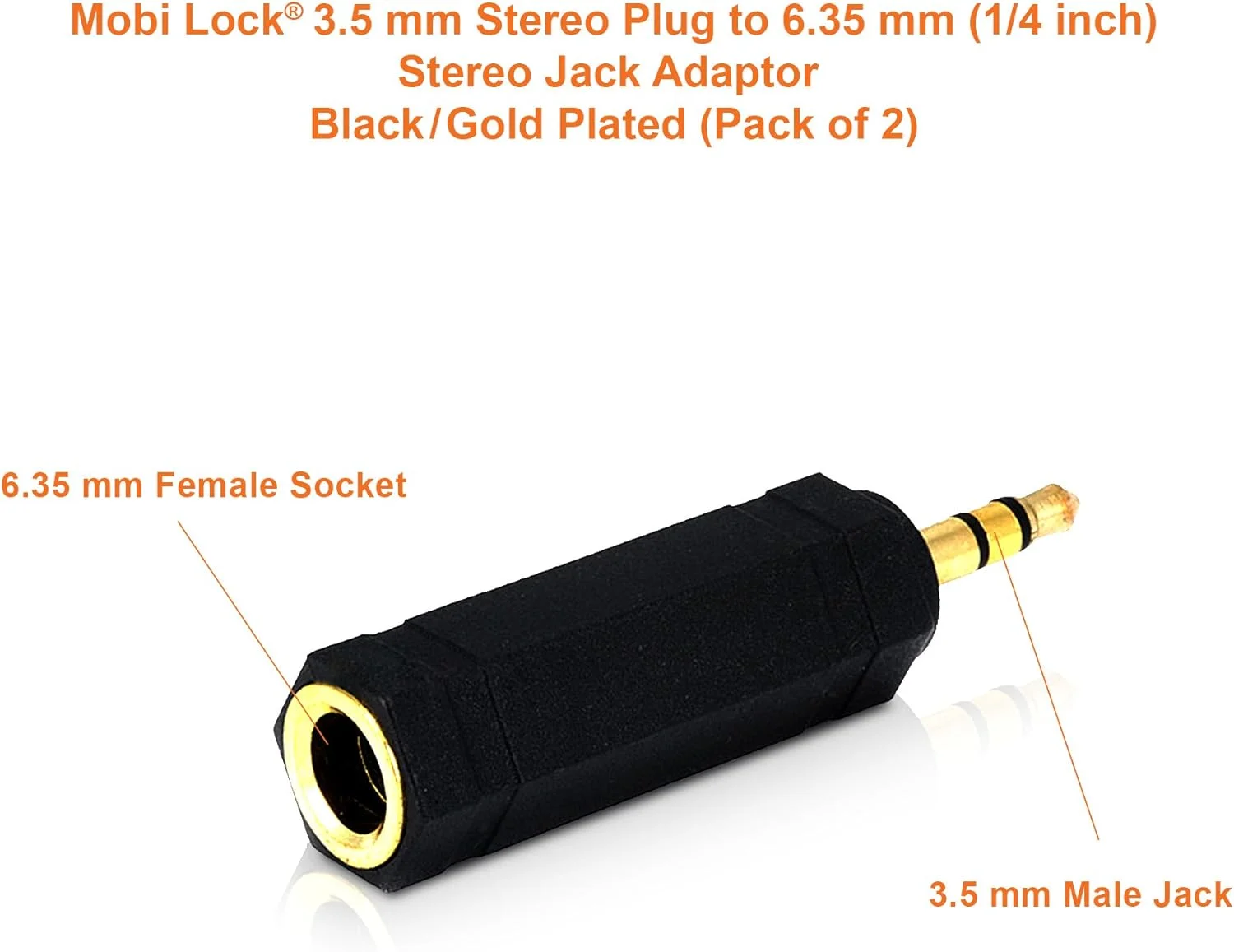 دو عدد تبدیل کننده پورت 3.5 میلی متری به 6.35 میلی متری - آداپتور جک صوتی استریو 1/8 به 1/4 اینچ - اتصال دستگاه ها با پورت 3.5 میلی متری به آمپلی فایرها، گیتار، پیانو، بلندگوها و میکروفون هایی که از پورت 6.35 میلی متری استفاده می کنند - توسط Mobi Lock