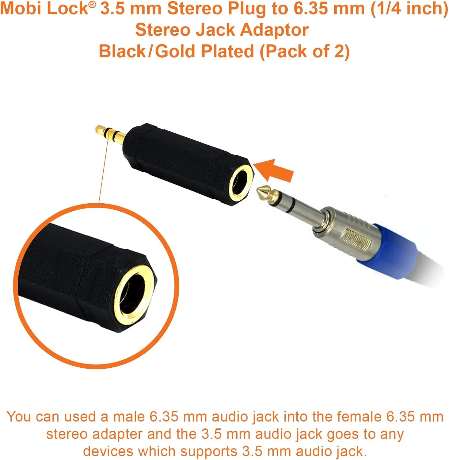 دو عدد تبدیل کننده پورت 3.5 میلی متری به 6.35 میلی متری - آداپتور جک صوتی استریو 1/8 به 1/4 اینچ - اتصال دستگاه ها با پورت 3.5 میلی متری به آمپلی فایرها، گیتار، پیانو، بلندگوها و میکروفون هایی که از پورت 6.35 میلی متری استفاده می کنند - توسط Mobi Lock