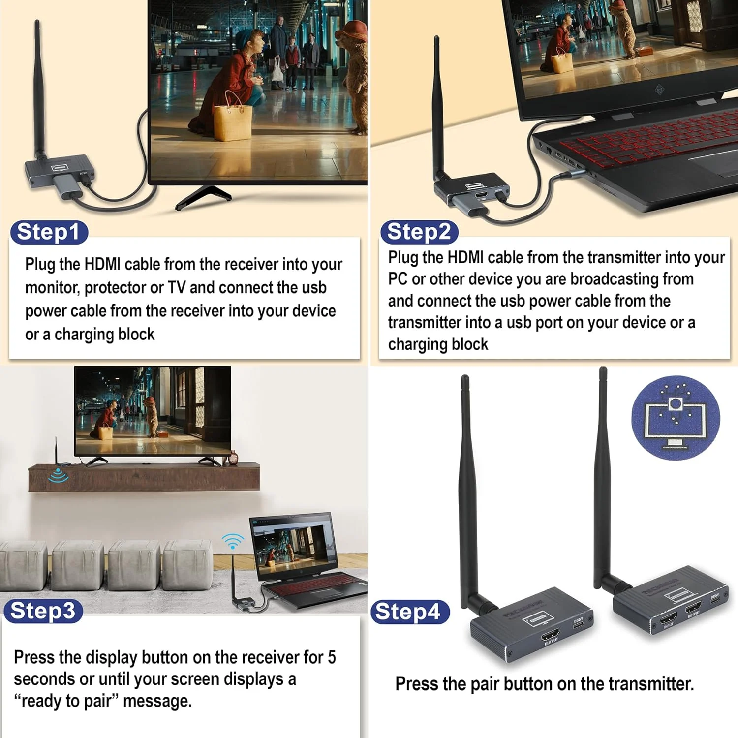 فرستنده و گیرنده HDMI بیسیم با قابلیت اتصال آسان، برد 160 متر، رمزگشایی 4K و خروجی 1080p برای انتقال ویدیو و صدا به/از دوربین، تلفن، لپتاپ، پروژکتور، کامپیوتر، سیستم نظارتی، تلویزیون، ایکسباکس و غیره فرستنده و گیرنده HDMI بیسیم با قابلیت اتصال آسان، برد 160 متر، رمزگشایی 4K و خروجی 1080p برای انتقال ویدیو و صدا به/از دوربین، تلفن، لپتاپ، پروژکتور، کامپیوتر، سیستم نظارتی، تلویزیون، ایکسباکس و غیره