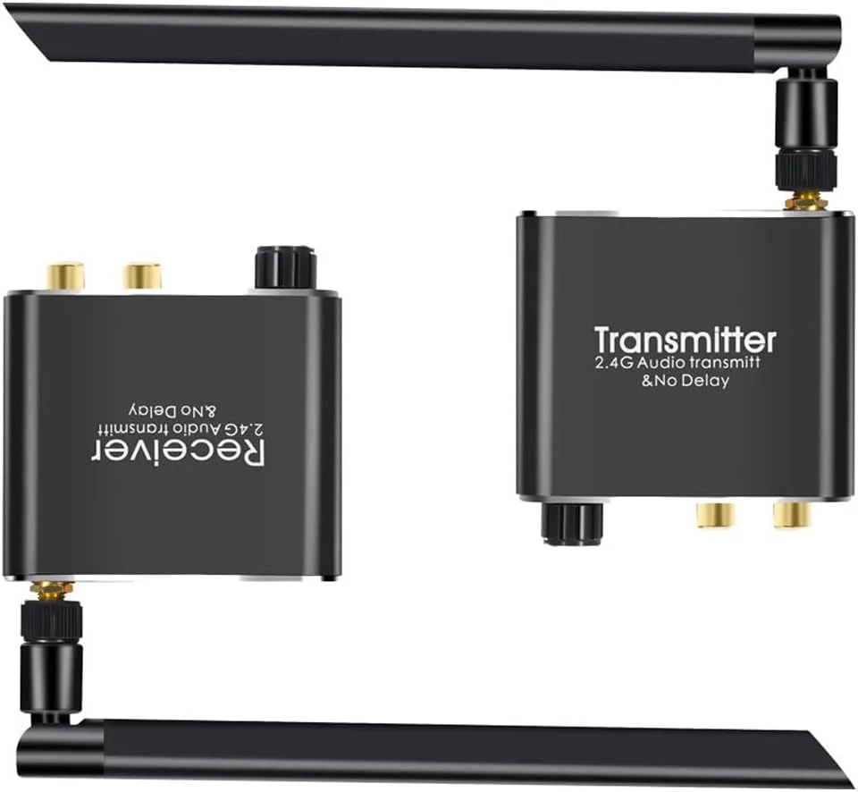 فرستنده و گیرنده صوتی بی سیم 2.4G با برد 50 متری، خروجی 3.5 میلی متری R/L، بدون تاخیر، با کنترل صدا برای DVD، ساندبار و بلندگو فرستنده و گیرنده صوتی بی سیم 2.4G با برد 50 متری، خروجی 3.5 میلی متری R/L، بدون تاخیر، با کنترل صدا برای DVD، ساندبار و بلندگو