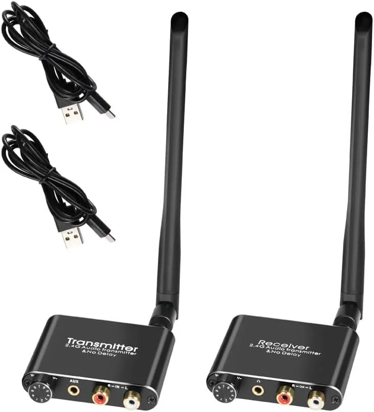 فرستنده و گیرنده صوتی بی سیم 2.4G با برد 50 متری، خروجی 3.5 میلی متری R/L، بدون تاخیر، با کنترل صدا برای DVD، ساندبار و بلندگو فرستنده و گیرنده صوتی بی سیم 2.4G با برد 50 متری، خروجی 3.5 میلی متری R/L، بدون تاخیر، با کنترل صدا برای DVD، ساندبار و بلندگو
