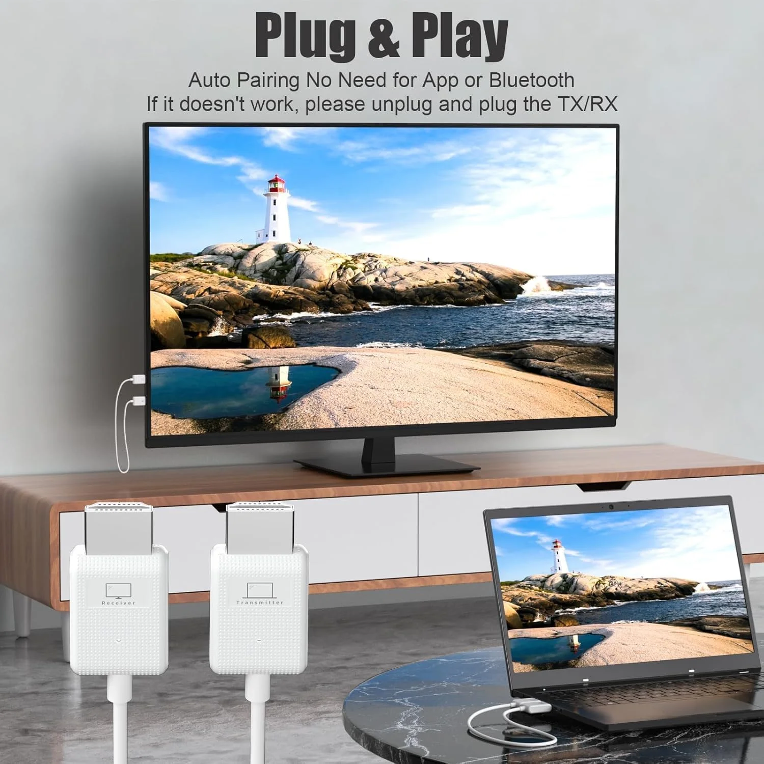 فرستنده و گیرنده HDMI بی سیم با برد بلند 120 متری، 4 کانال قابل تنظیم، رمزگشایی 4K و خروجی ویدئو فوق العاده با کیفیت 1080P@60Hz فرستنده و گیرنده HDMI بی سیم با برد بلند 120 متری، 4 کانال قابل تنظیم، رمزگشایی 4K و خروجی ویدئو فوق العاده با کیفیت 1080P@60Hz