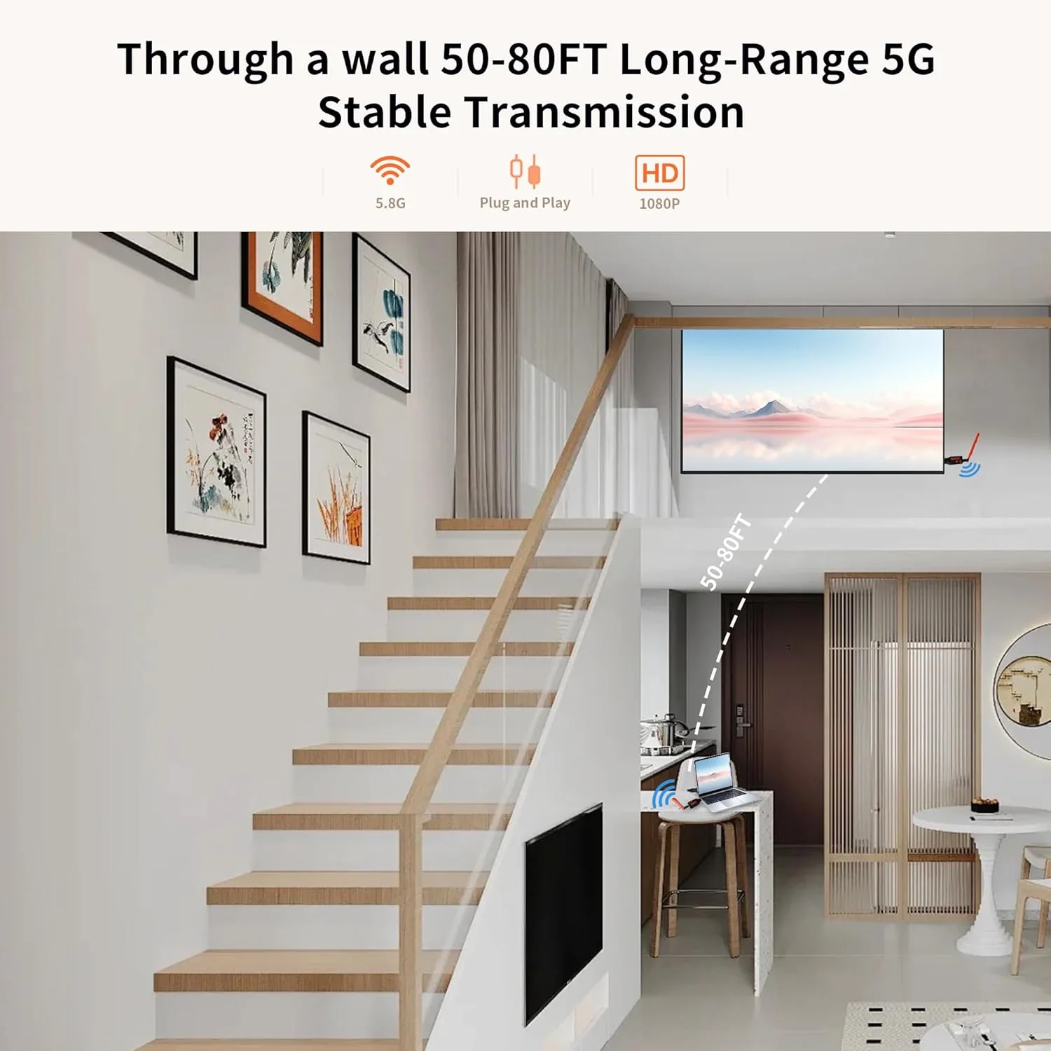 فرستنده و گیرنده HDMI بی سیم، توسعه دهنده HDMI بی سیم 150 متری، ورودی/خروجی 1080P60Hz، اتصال و پخش 5.8G، بدون تاخیر در انتقال ویدئو از لپ تاپ، ست تاپ باکس به تلویزیون، مانیتور، پروژکتور