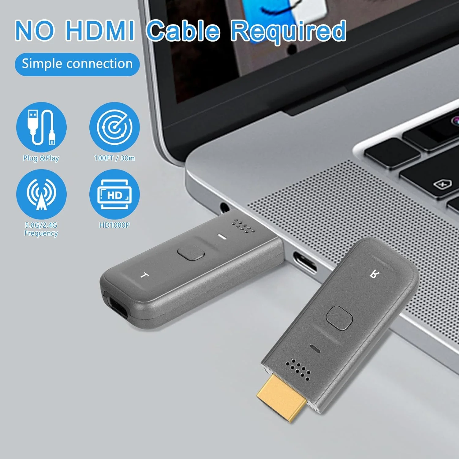 فرستنده و گیرنده HDMI بی‌سیم - 4K 60Hz Ultra HD برد 30 متر丨تاخیر صفر丨Plug & Play قابل حمل HDMI 2.0 پشتیبانی از 2.4/5.8Ghz، برای لپ تاپ/کامپیوتر/جعبه تلویزیون/دوربین/پروژکتور (خاکستری)