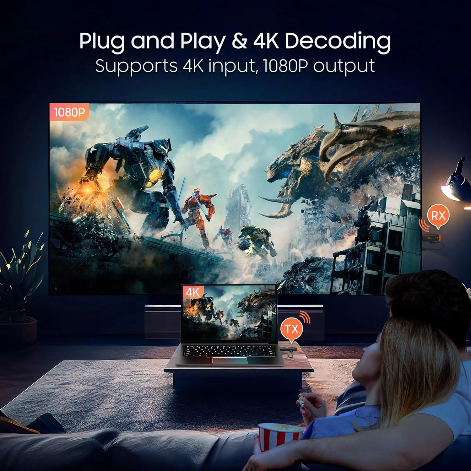 فرستنده و گیرنده HDMI بی‌سیم: فرستنده و گیرنده HDMI بی‌سیم Plug&Play، رمزگشایی 4K خروجی 1080P، HDMI بی‌سیم 196FT برای پخش ویدیو/صدا از لپ‌تاپ/تبلت/TV Box به مانیتور