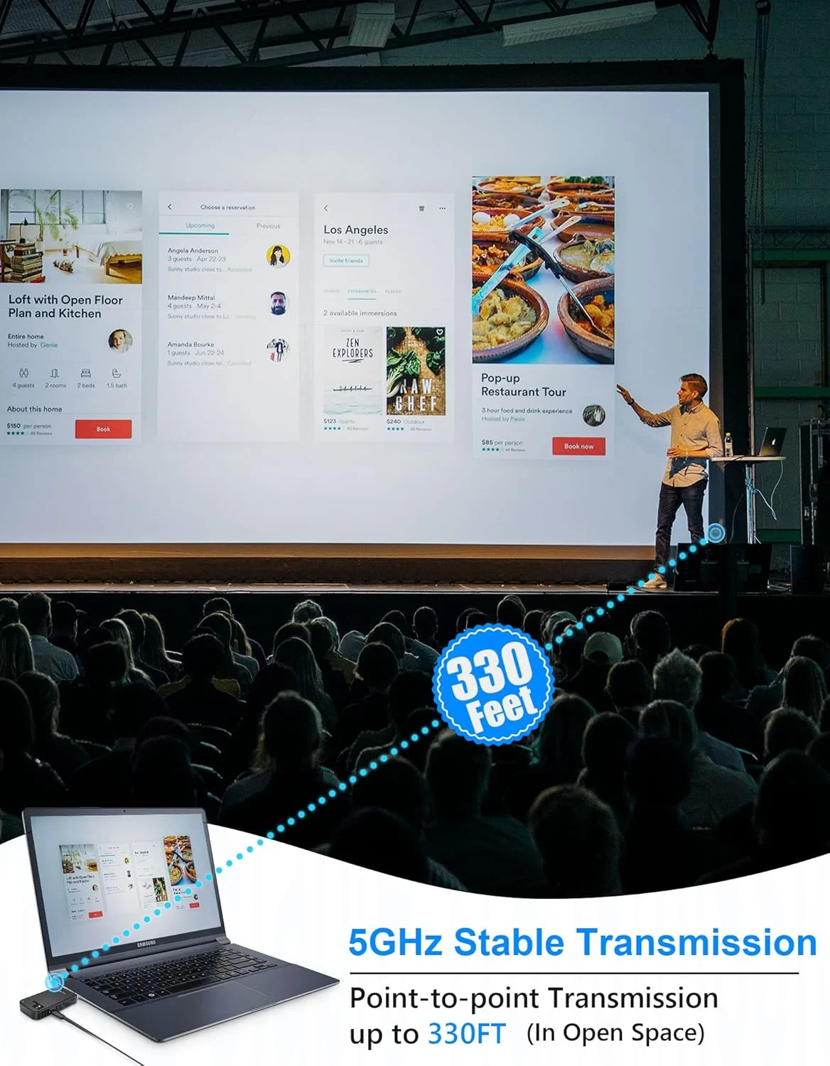 فرستنده و گیرنده HDMI بی‌سیم، Plug & Play، فرستنده و گیرنده ویدیویی بی‌سیم 1080P HD جیبی، برد 100 متری از لپ‌تاپ، کامپیوتر، انتقال تلفن به مانیتور/تلویزیون برای جلسات، آموزش و سخنرانی