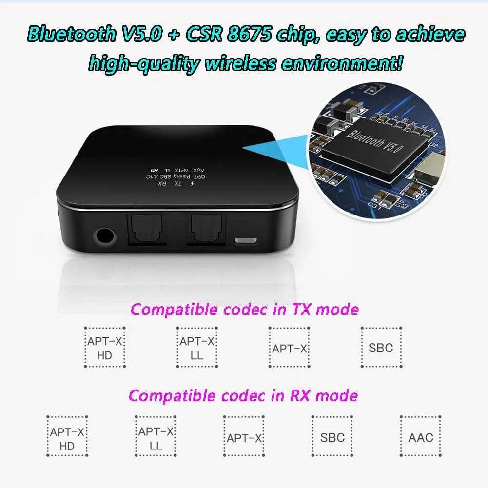 آداپتور صوتی بلوتوث 5.0 مدل TTGLRT، گیرنده فرستنده صوتی بلوتوث 2 در 1، ورودی صوتی AUX/RCA/اپتیکال/کواکسیال، AptX Low Latency/HD، برای تلویزیون/کامپیوتر/سیستم استریو خانگی