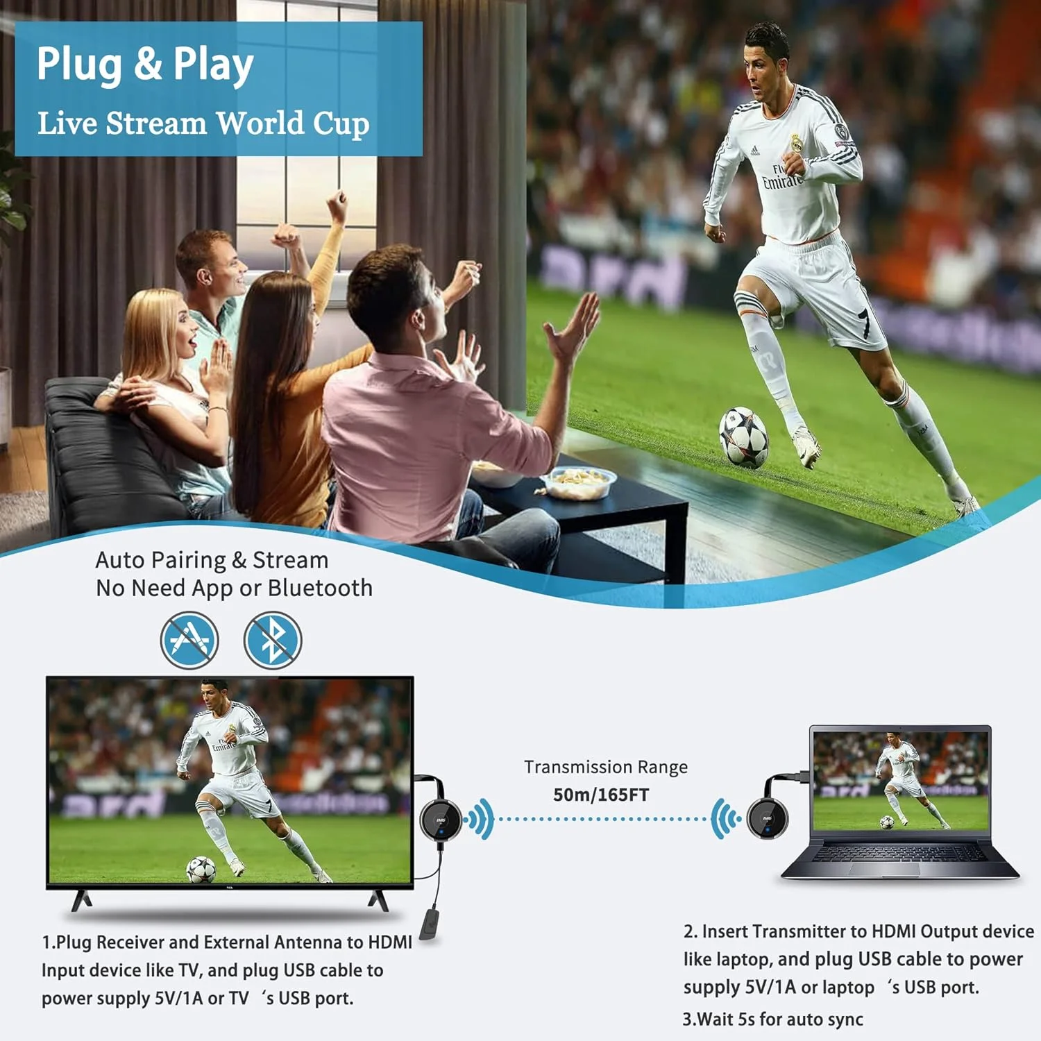 فرستنده و گیرنده بی‌سیم HDMI TIMBOOTECH 4K، کیت توسعه‌دهنده بی‌سیم HDMI 5G برای لپ‌تاپ، دوربین، جعبه کابل، نت‌فلیکس، PS5، تلفن به مانیتور، پروژکتور، HDTV تا 50 متر