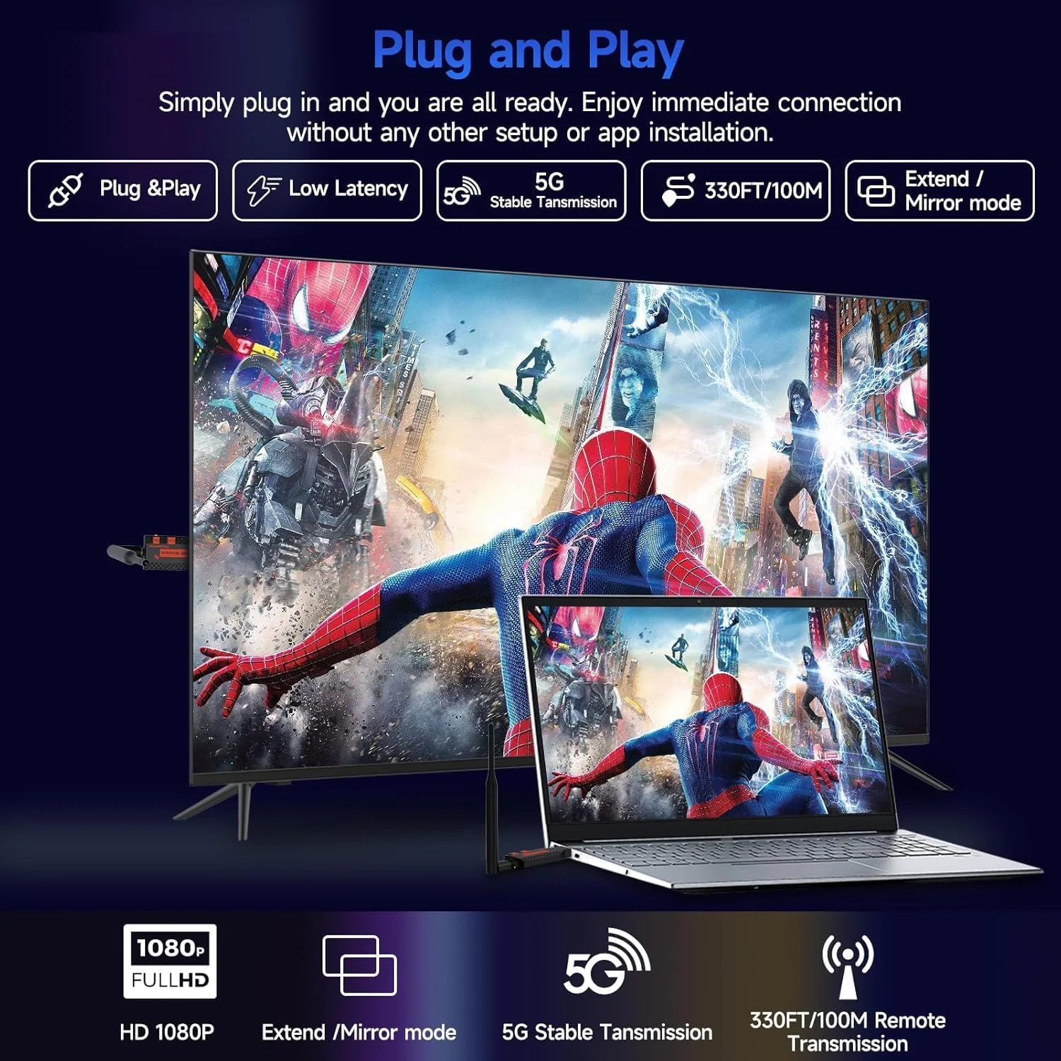 فرستنده و گیرنده HDMI بی سیم ارتقا یافته Tobo 2024، برد 100 متری، کیت توسعه دهنده HDMI بی سیم 2.4G/5G قابل حمل Plug & Play برای دسکتاپ، رایانه شخصی، جعبه تلویزیون، PS5/4 به تلویزیون/مانیتور/پروژکتور مدل TD-1342H