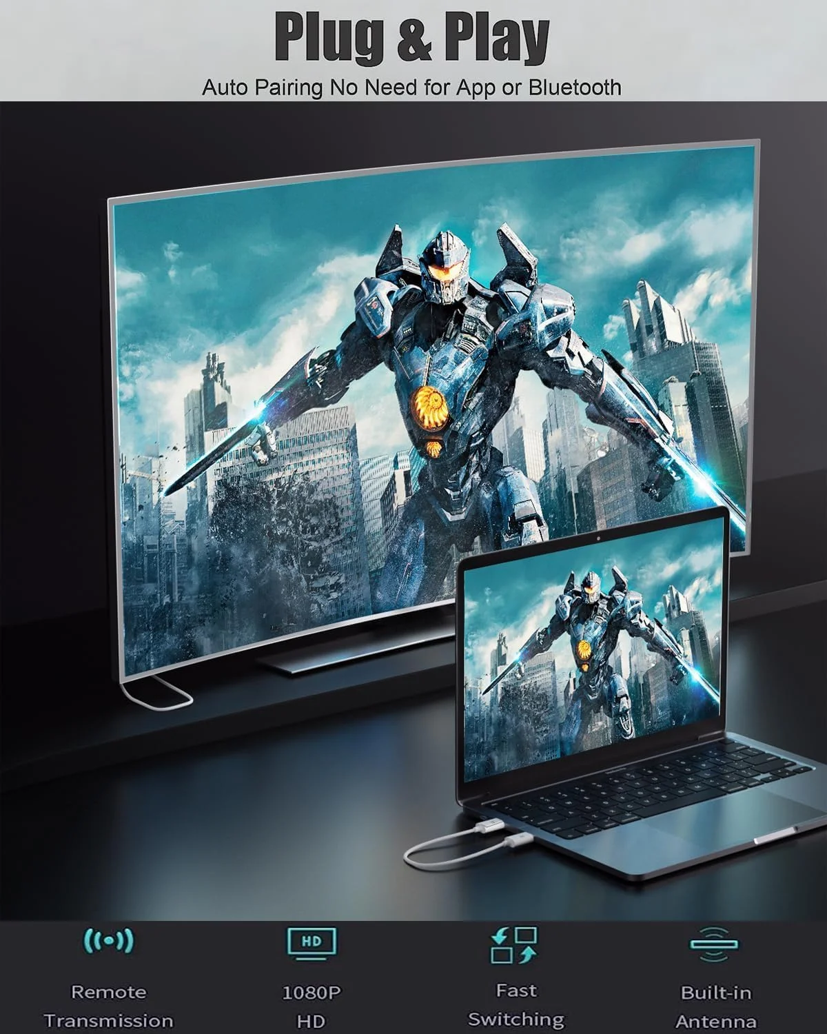 کیت فرستنده و گیرنده HDMI بی سیم ToboWireless، آداپتور توسعه دهنده بی سیم HDMI، تصویربرداری ویدئو و صدا 1080P 60fps برای رایانه شخصی، لپ تاپ، دوربین به HDTV/پروژکتور (TD-1190H، سفید)