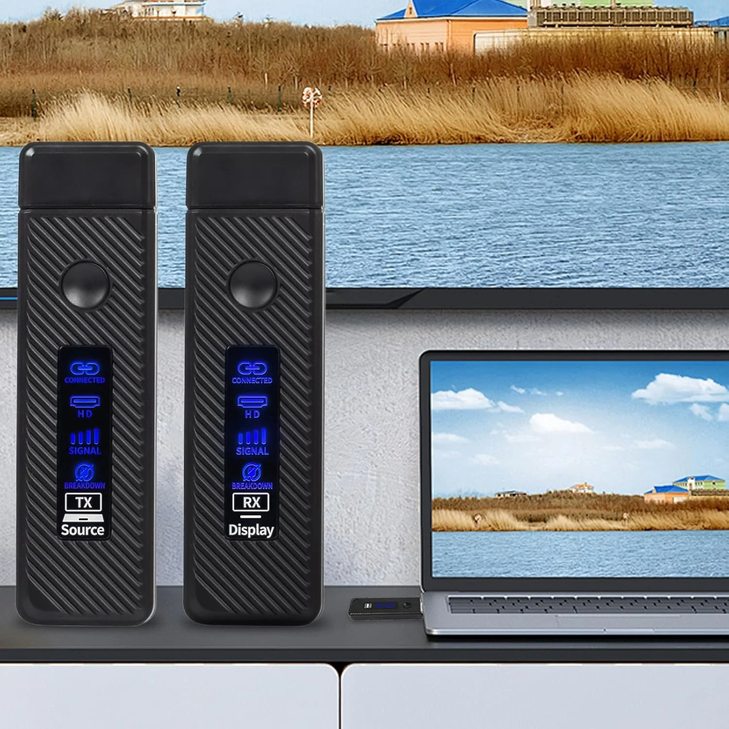 دستگاه انتقال دهنده ویدئو قابل حمل | دستگاه پخش ویدئو بی سیم - سیستم انتقال پشتیبانی همه کاره از نمایشگر پروژکتور برای لپ تاپ ها، کامپیوترها و مانیتورها