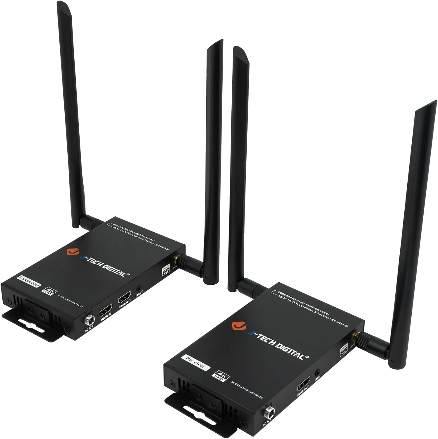 کیت فرستنده و گیرنده HDMI بی‌سیم J-Tech Digital با کیفیت 4K 60Hz تا 60 متر، خروجی HDMI Loop، تغییر کانال جفت‌سازی SSID، عبور IR [JTECH-WEX4K-50]