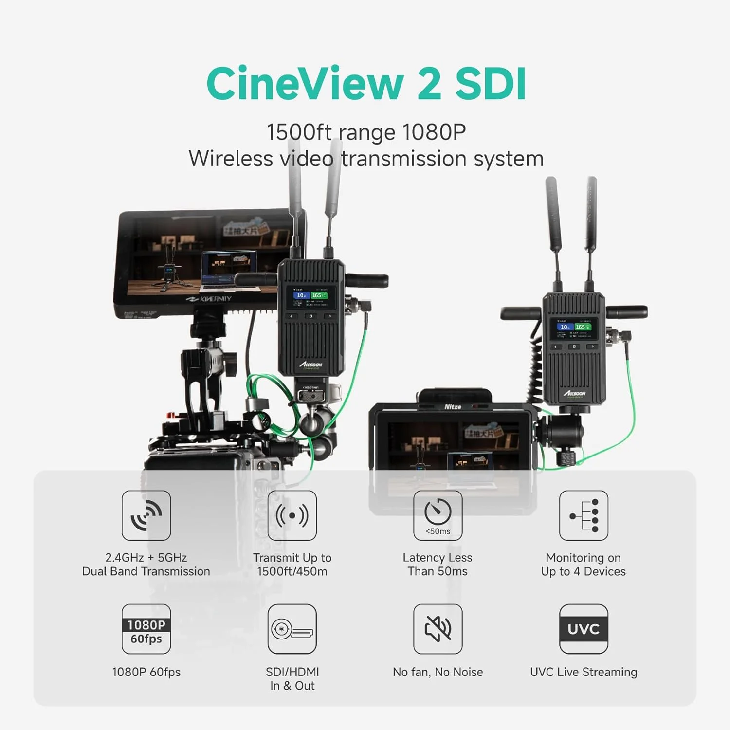 سیستم انتقال ویدیویی بیسیم Accsoon CineView 2 SDI، فرستنده و گیرنده HDMI SDI با کیفیت 1080p60، محدوده دو بانده 1500 فوتی، تاخیر 0.05 ثانیه، پخش زنده UVC، پشتیبانی از مبدل سیگنال، مانیتورینگ با 4 برنامه سیستم انتقال ویدیویی بیسیم Accsoon CineView 2 SDI، فرستنده و گیرنده HDMI SDI با کیفیت 1080p60، محدوده دو بانده 1500 فوتی، تاخیر 0.05 ثانیه، پخش زنده UVC، پشتیبانی از مبدل سیگنال، مانیتورینگ با 4 برنامه