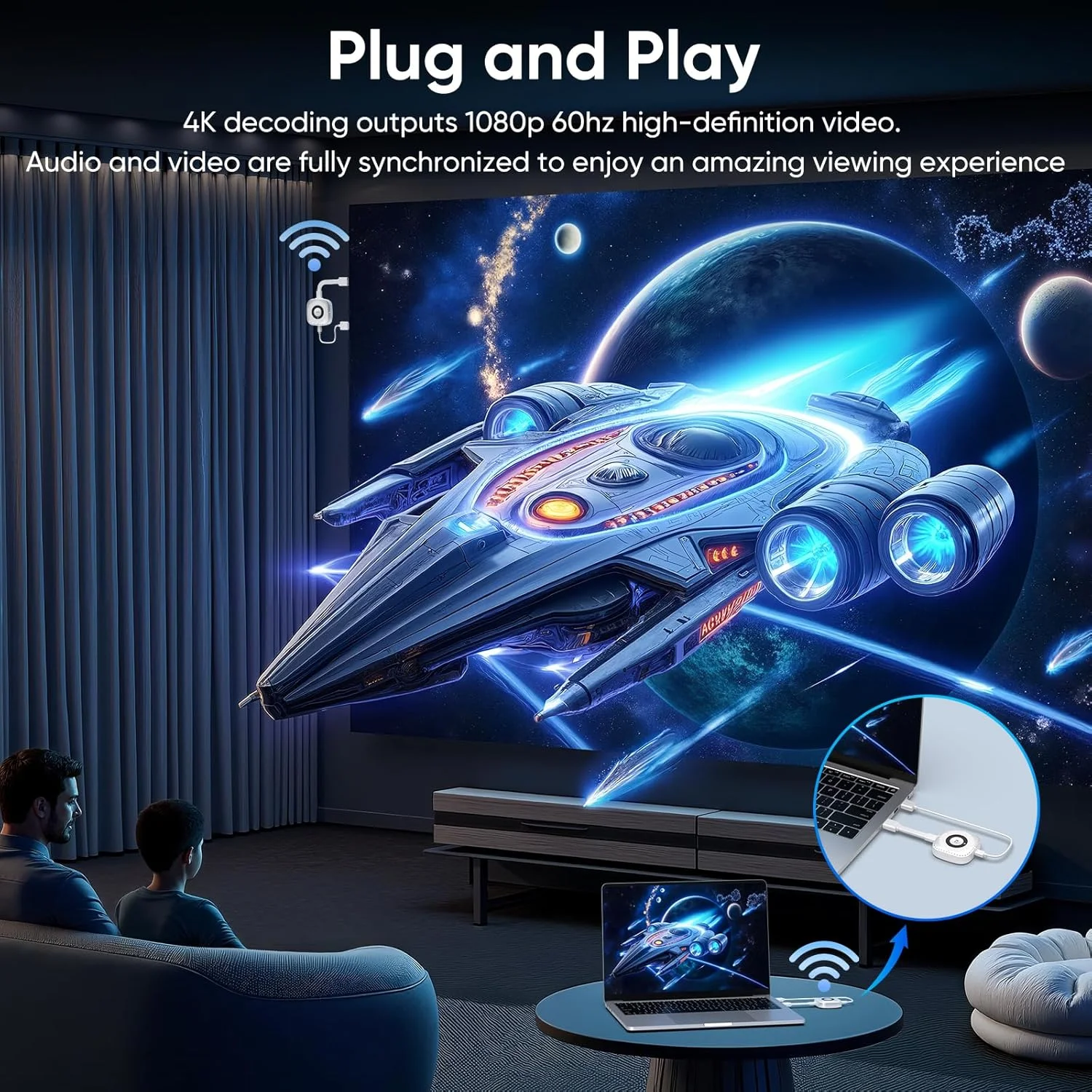 فرستنده و گیرنده HDMI بی‌سیم با قابلیت رمزگشایی 4K و خروجی 1080P بومی برای پخش روان FHD از لپ‌تاپ/کامپیوتر/جعبه تلویزیون به مانیتور/تلویزیون/پروژکتور تا 50 متر