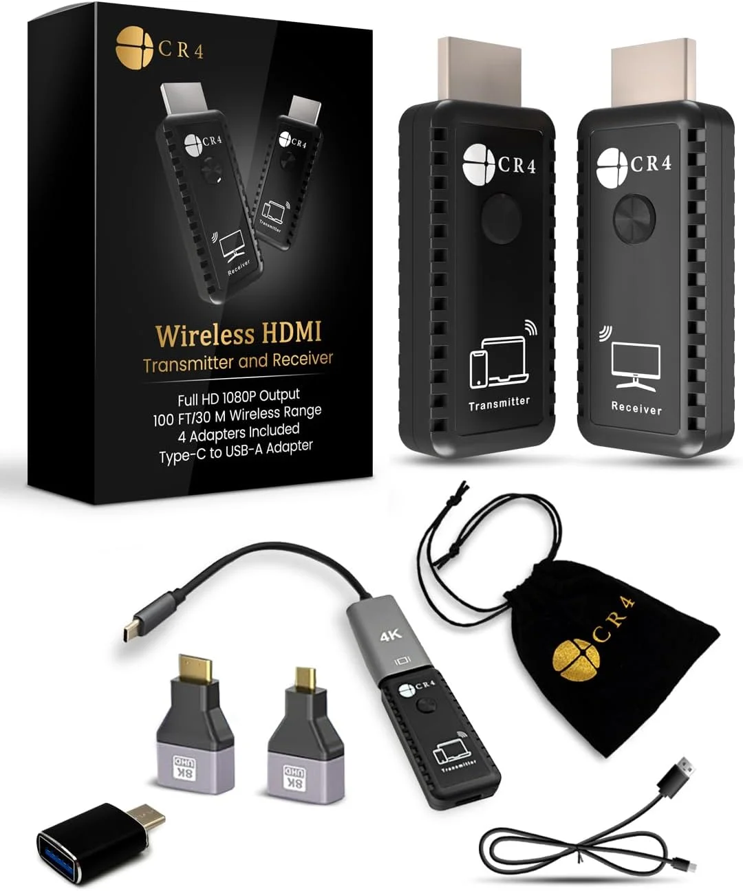 کیت فرستنده و گیرنده بیسیم HDMI مدل CR4 با برد 30 متر | ورودی 4K، خروجی 1080P، اتصال آسان 5G به همراه 4 آداپتور و جعبه هدیه | استریم از PC، لپتاپ، آیفون، اندروید، تیوی باکس به پروژکتور (مشکی) کیت فرستنده و گیرنده بیسیم HDMI مدل CR4 با برد 30 متر | ورودی 4K، خروجی 1080P، اتصال آسان 5G به همراه 4 آداپتور و جعبه هدیه | استریم از PC، لپتاپ، آیفون، اندروید، تیوی باکس به پروژکتور (مشکی)
