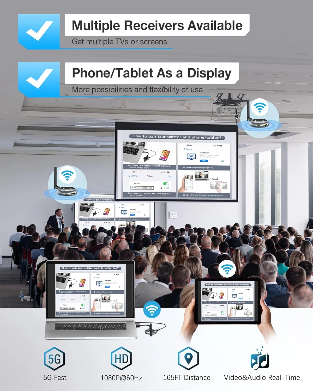 فرستنده و گیرنده ارتقاء یافته HDMI بیسیم، اتصال آسان چند تلویزیون، 5.8G/2.4G 1080P@60Hz 50M/165FT توسعه دهنده پخش ویدئو، PC، لپ تاپ، TV Box، مانیتور، پروژکتور (1TX+1RX) فرستنده و گیرنده ارتقاء یافته HDMI بیسیم، اتصال آسان چند تلویزیون، 5.8G/2.4G 1080P@60Hz 50M/165FT توسعه دهنده پخش ویدئو، PC، لپ تاپ، TV Box، مانیتور، پروژکتور (1TX+1RX)