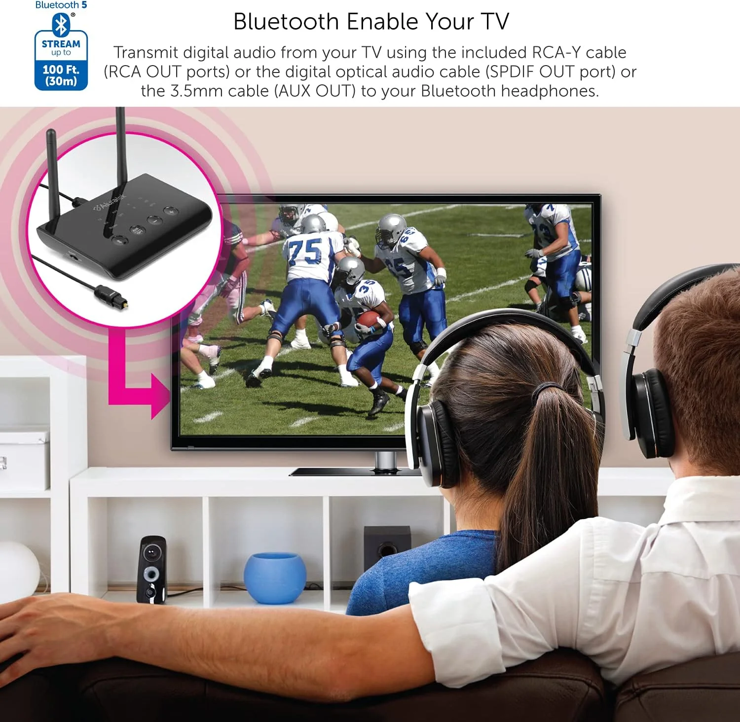 فرستنده و گیرنده صوتی بلوتوثی اپتیکال آلوراتک، آنتن دوتایی، پشتیبانی از استریم دوگانه، همگامسازی عالی، برد تا 30 متر فرستنده و گیرنده صوتی بلوتوثی اپتیکال آلوراتک، آنتن دوتایی، پشتیبانی از استریم دوگانه، همگامسازی عالی، برد تا 30 متر