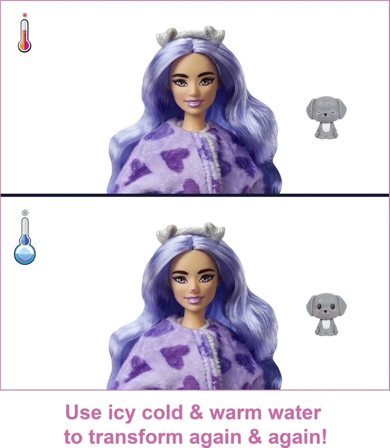 عروسک باربی Cutie Reveal با لباس مخمل خواب دار توله سگ و 10 سورپرایز شامل حیوان خانگی کوچک و تغییر رنگ، هدیه ای برای کودکان 3 سال به بالا