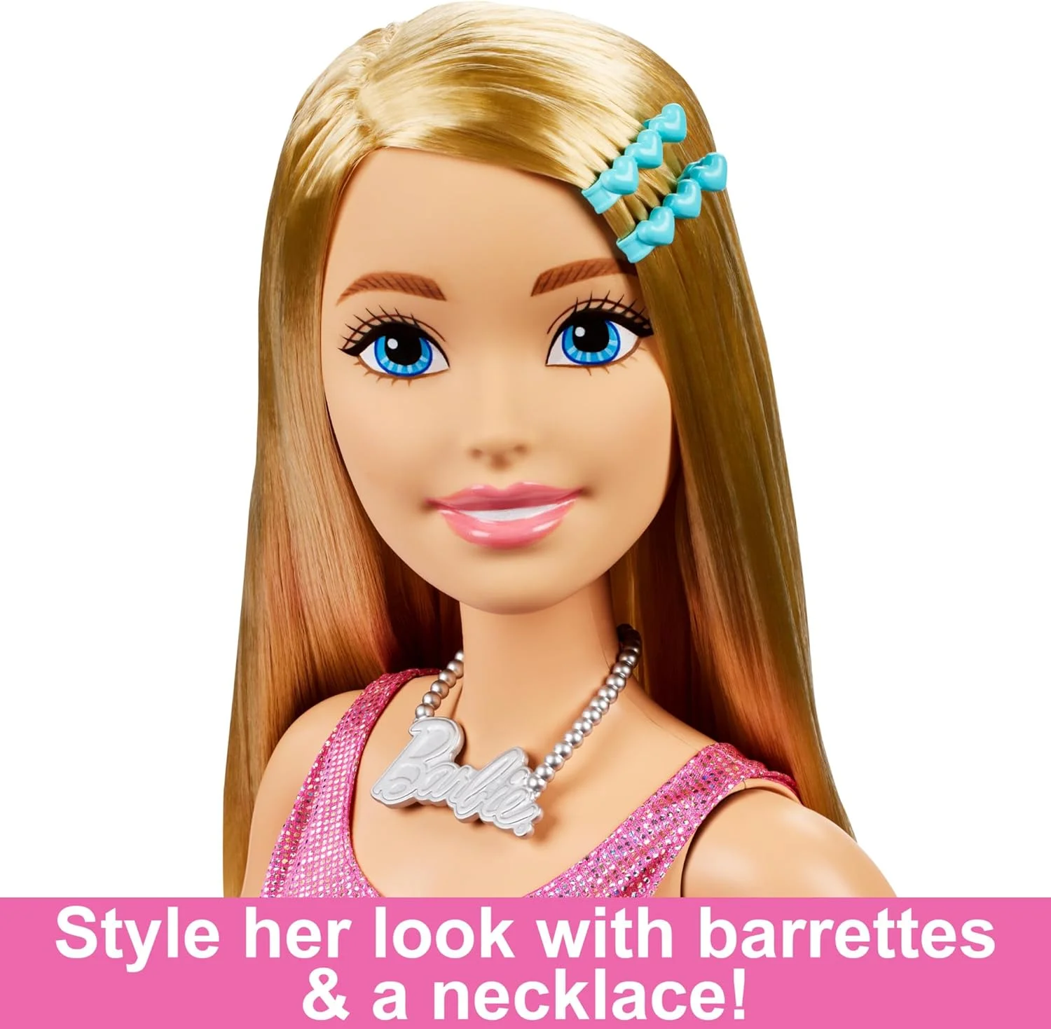 عروسک باربی بزرگ، 71 سانتی متر قد، موهای بلوند و لباس صورتی براق