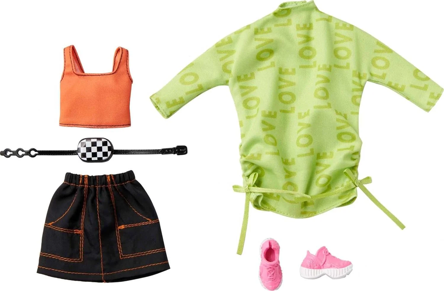 مجموعه لباس 2 عددی باربی، شامل یک پیراهن سویشرت سبز، یک تاپ بدون آستین نارنجی و دامن مشکی و 2 اکسسوری، هدیه ای برای کودکان 3 تا 8 سال