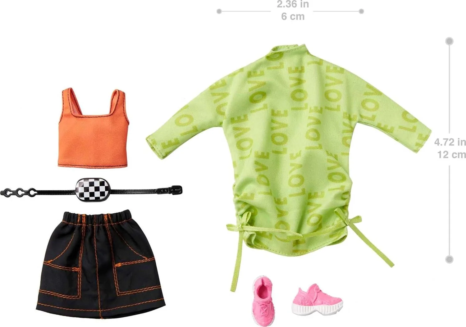 مجموعه لباس 2 عددی باربی، شامل یک پیراهن سویشرت سبز، یک تاپ نارنجی بدون آستین و دامن مشکی و 2 اکسسوری، هدیه ای برای کودکان 3 تا 8 سال