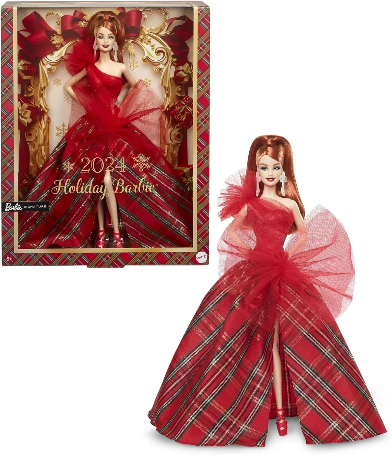 عروسک باربی تعطیلات 2024، اسباب بازی کلکسیونی فصلی، امضا، لباس چهارخانه با پاپیون قرمز، بسته بندی قابل نمایش، موی قرمز