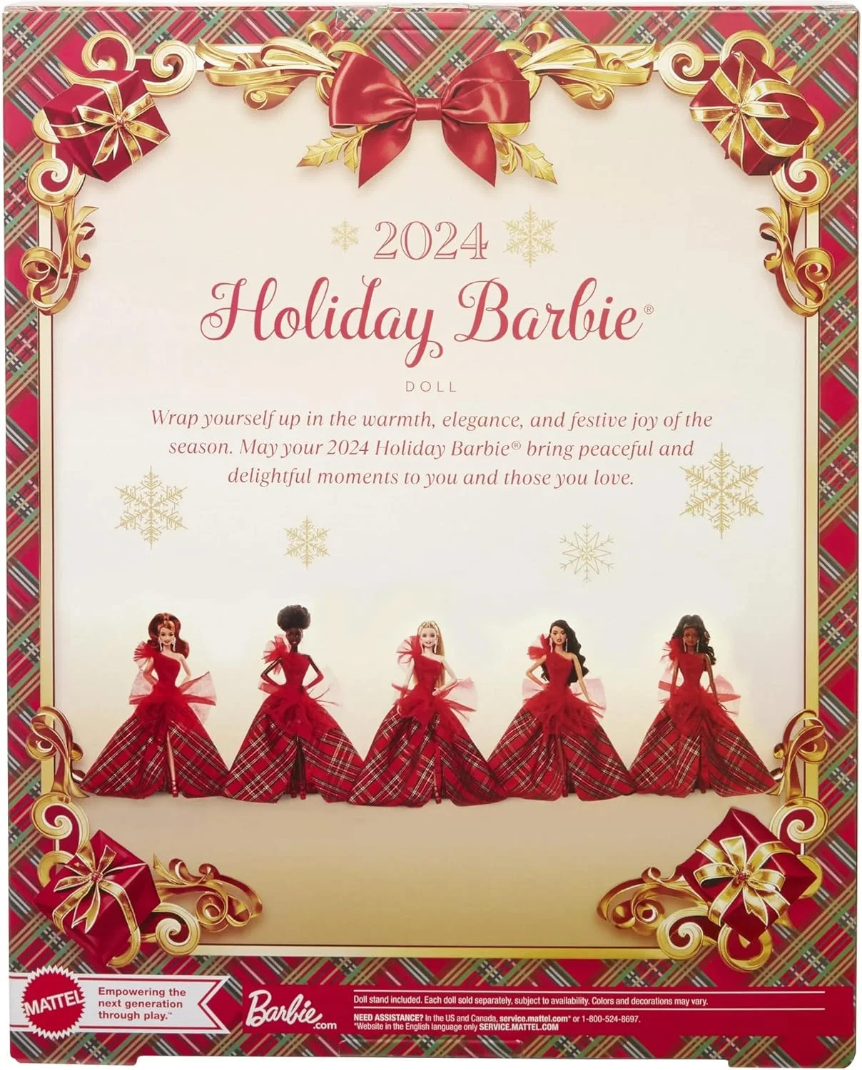 عروسک باربی تعطیلات 2024، اسباب بازی کلکسیونی فصلی، امضا، لباس چهارخانه با پاپیون قرمز، بسته بندی قابل نمایش، موی قرمز