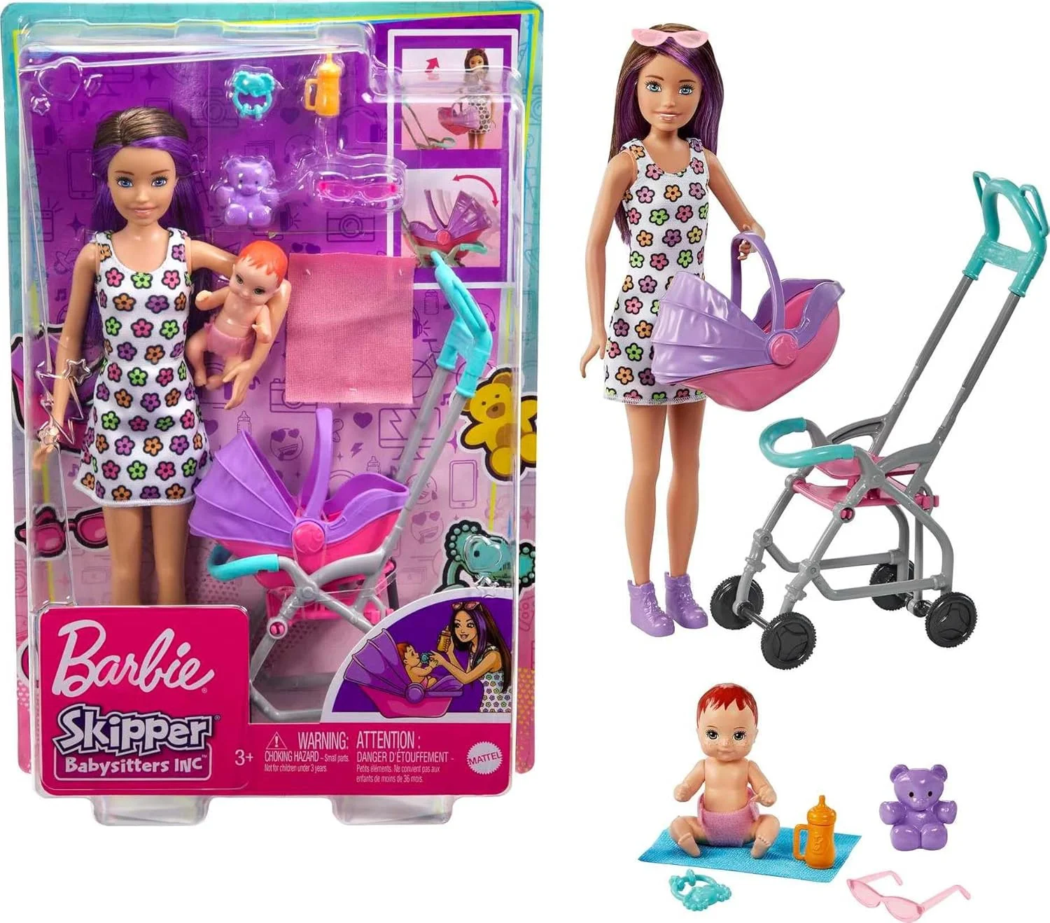 مجموعه های بازی Barbie Skipper Babysitters Inc. با عروسک پرستار بچه Skipper، عروسک نوپا، مبلمان و لوازم جانبی با تم