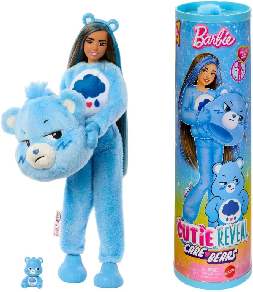عروسک باربی Cutie Reveal و لوازم جانبی، سری Care Bears، عروسک فشن با لباس مخمل خواب دار خرس بداخلاق و 10 سورپرایز شامل تغییر رنگ و مینی خرس