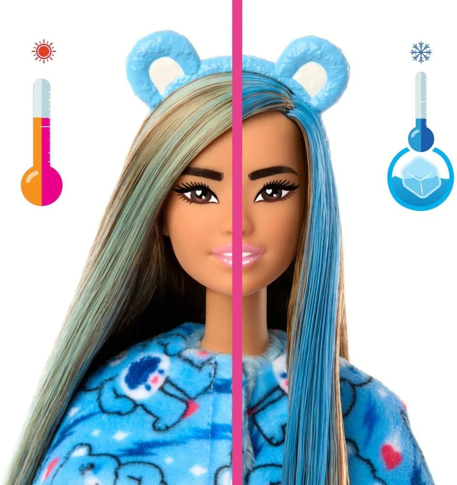 عروسک باربی Cutie Reveal و لوازم جانبی، سری Care Bears، عروسک فشن با لباس مخمل خواب دار خرس بداخلاق و 10 سورپرایز شامل تغییر رنگ و مینی خرس
