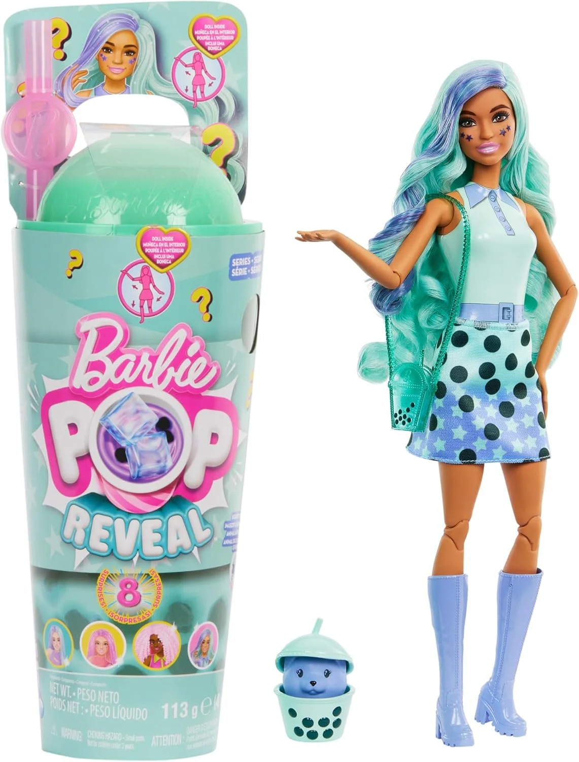 عروسک و لوازم جانبی باربی Pop Reveal سری Bubble Tea به همراه عروسک فشن و حیوان خانگی، شامل 8 سورپرایز تغییر رنگ، فنجان با قابلیت نگهداری (استایل ها ممکن است متفاوت باشند)، HTJ21