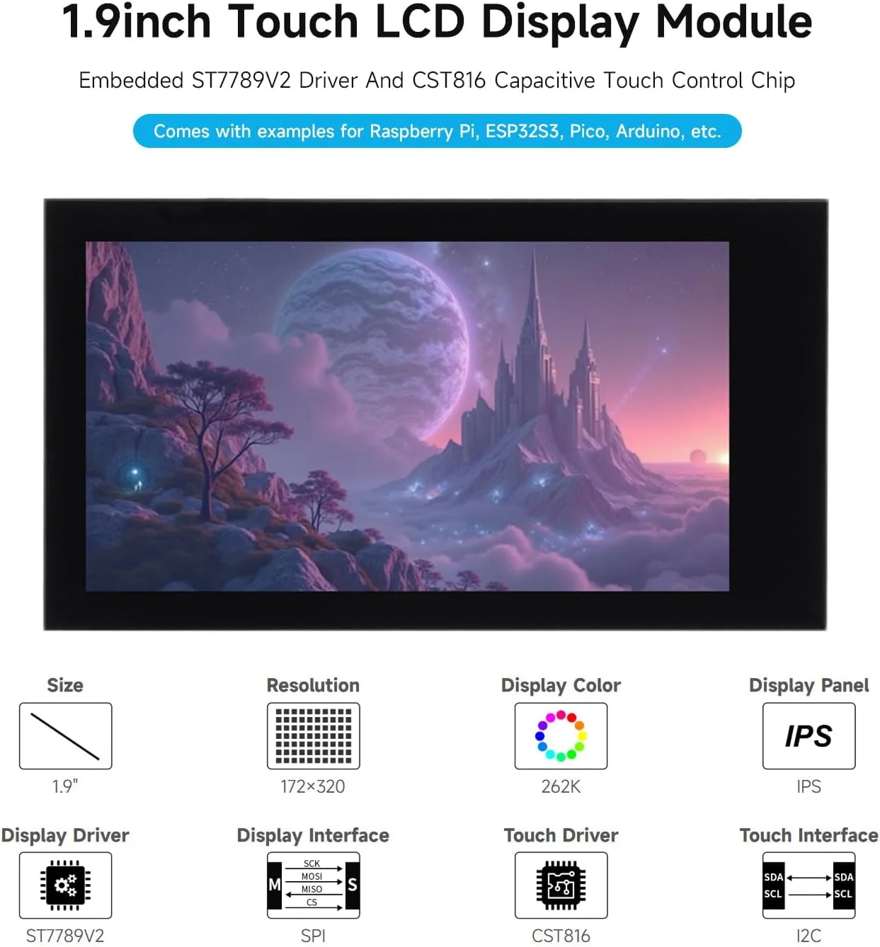 ماژول نمایشگر لمسی ال سی دی 1.9 اینچی Waveshare، نمایشگر ال سی دی میکرو، رزولوشن 172×320، IPS، ارتباط SPI و I2C، رنگ نمایش 262K