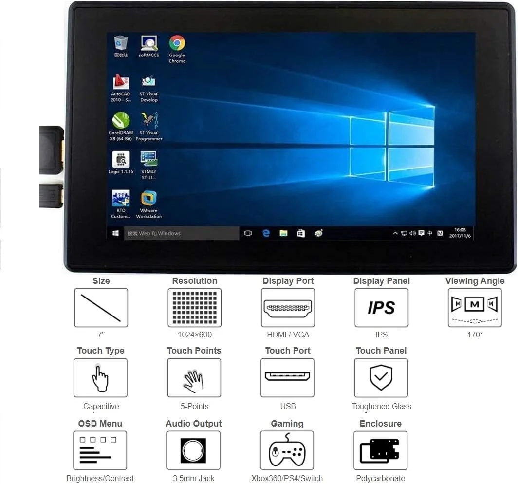 نمایشگر لمسی خازنی IPS رزولوشن 1024x600 با پوشش شیشه ای مقاوم، 7 اینچی HDMI LCD (H) (همراه با قاب) سازگار با رزبری پای 3/2/1 B B+ A+/BB Black/Banana Pi/Windows 10