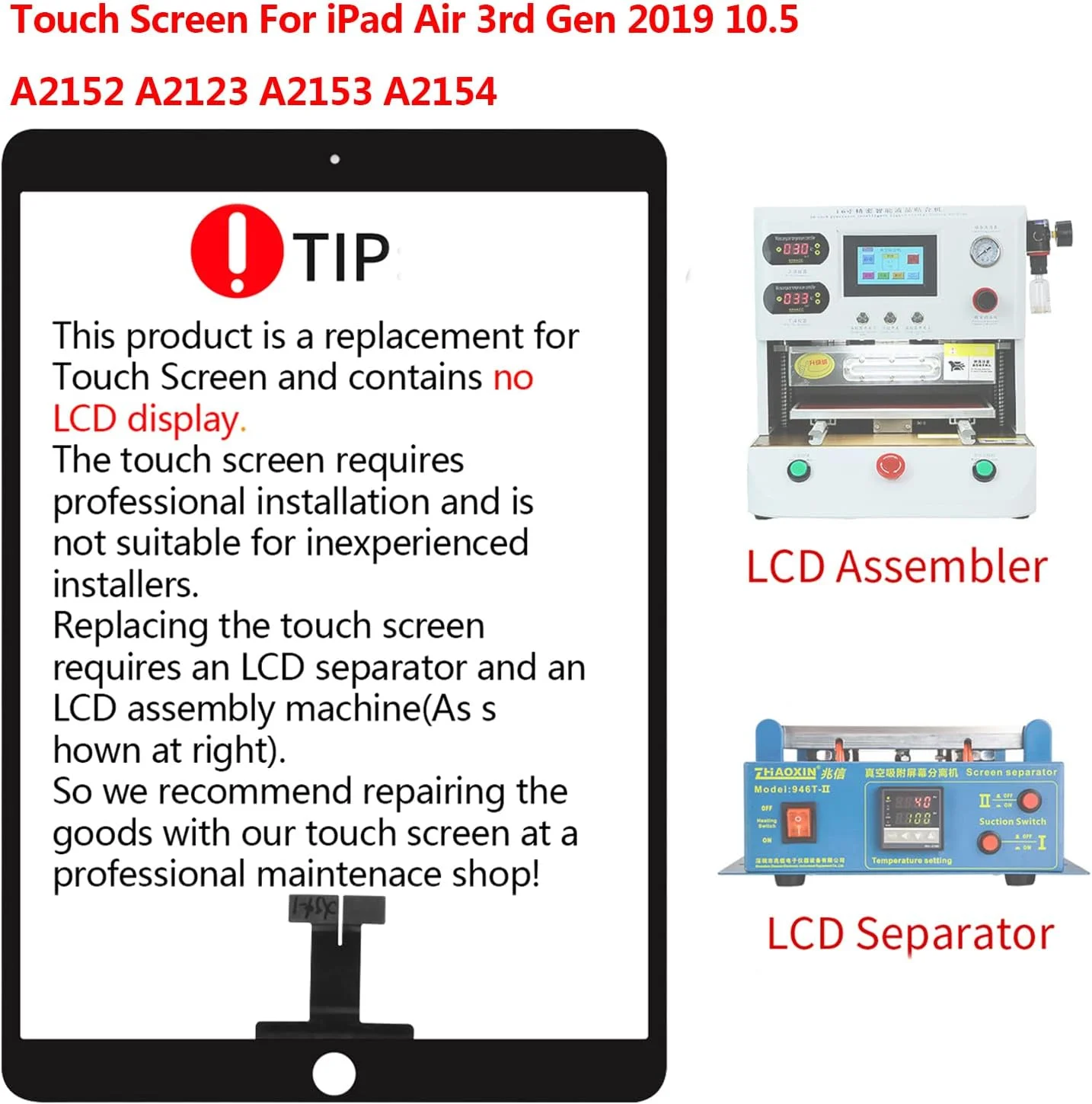 تاچ اسکرین مناسب برای آیپد ایر 3 2019 نسل سوم 10.5 اینچ مدل A2152 A2153 A2154 A2123، پنل شیشه ای جلویی جایگزین (LCD شامل نمی شود) بدون دکمه هوم، همراه با کیت ابزار رایگان + محافظ صفحه شیشه ای (مشکی)