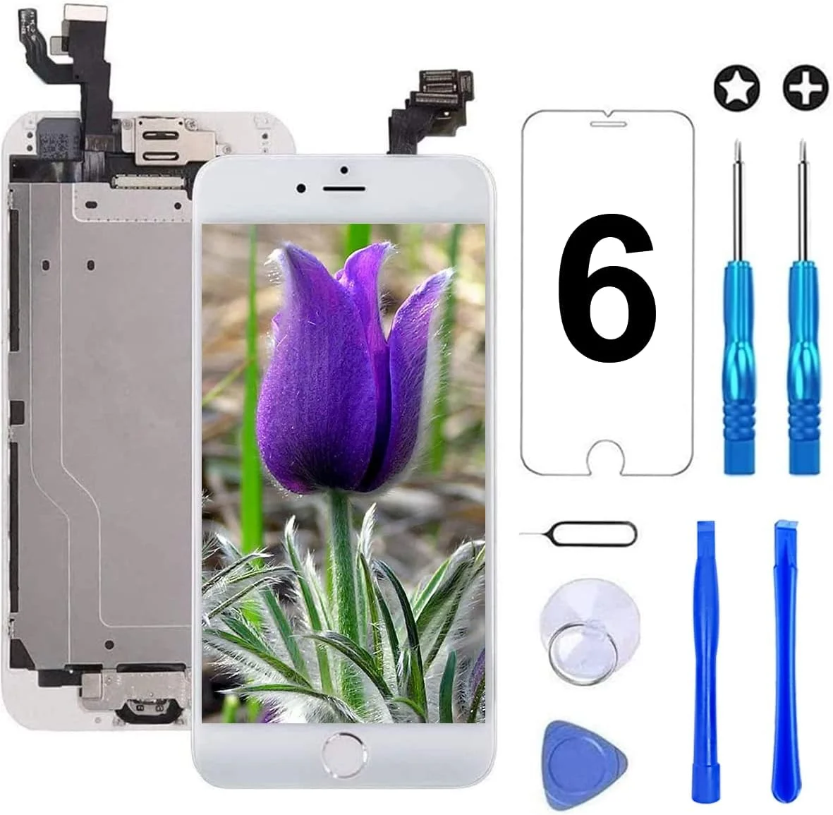 صفحه نمایش جایگزین آیفون 6 سفید، تاچ، ال سی دی، دیجیتایزر، مجموعه کامل با دوربین جلو، سنسور مجاورت، بلندگوی گوش و دکمه هوم، شامل ابزار تعمیر و محافظ صفحه نمایش