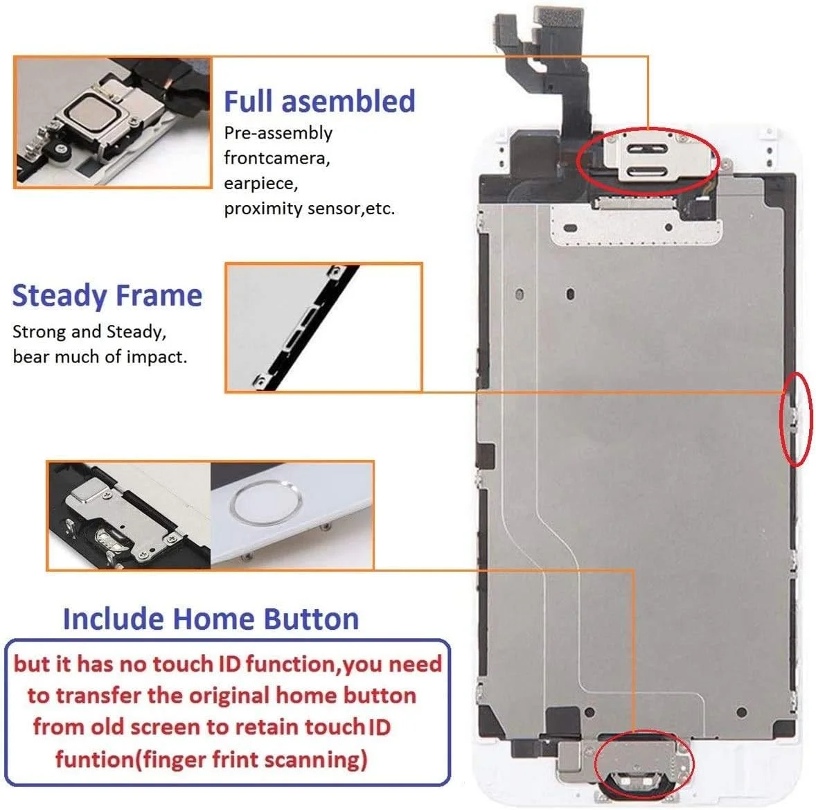 صفحه نمایش جایگزین آیفون 6 سفید، تاچ، ال سی دی، دیجیتایزر، مجموعه کامل با دوربین جلو، سنسور مجاورت، بلندگوی گوش و دکمه هوم، شامل ابزار تعمیر و محافظ صفحه نمایش