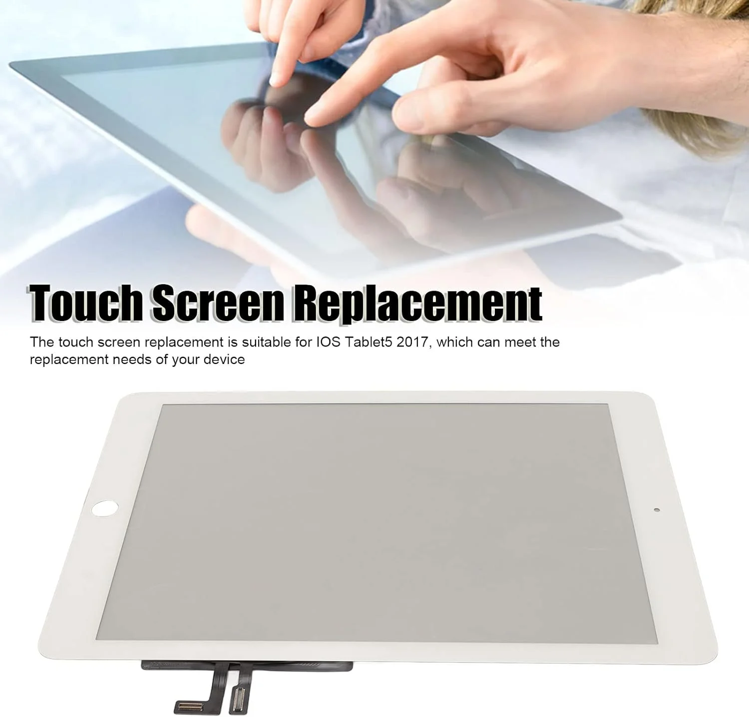 تاچ اسکرین شیشه ای تعویضی تبلت آی او اس 5 2017، تاچ اسکرین شیشه ای حرارت دیده، صفحه نمایش دیجیتایزر سفید قابل تعویض، بدون قطعه نمایشگر ال سی دی