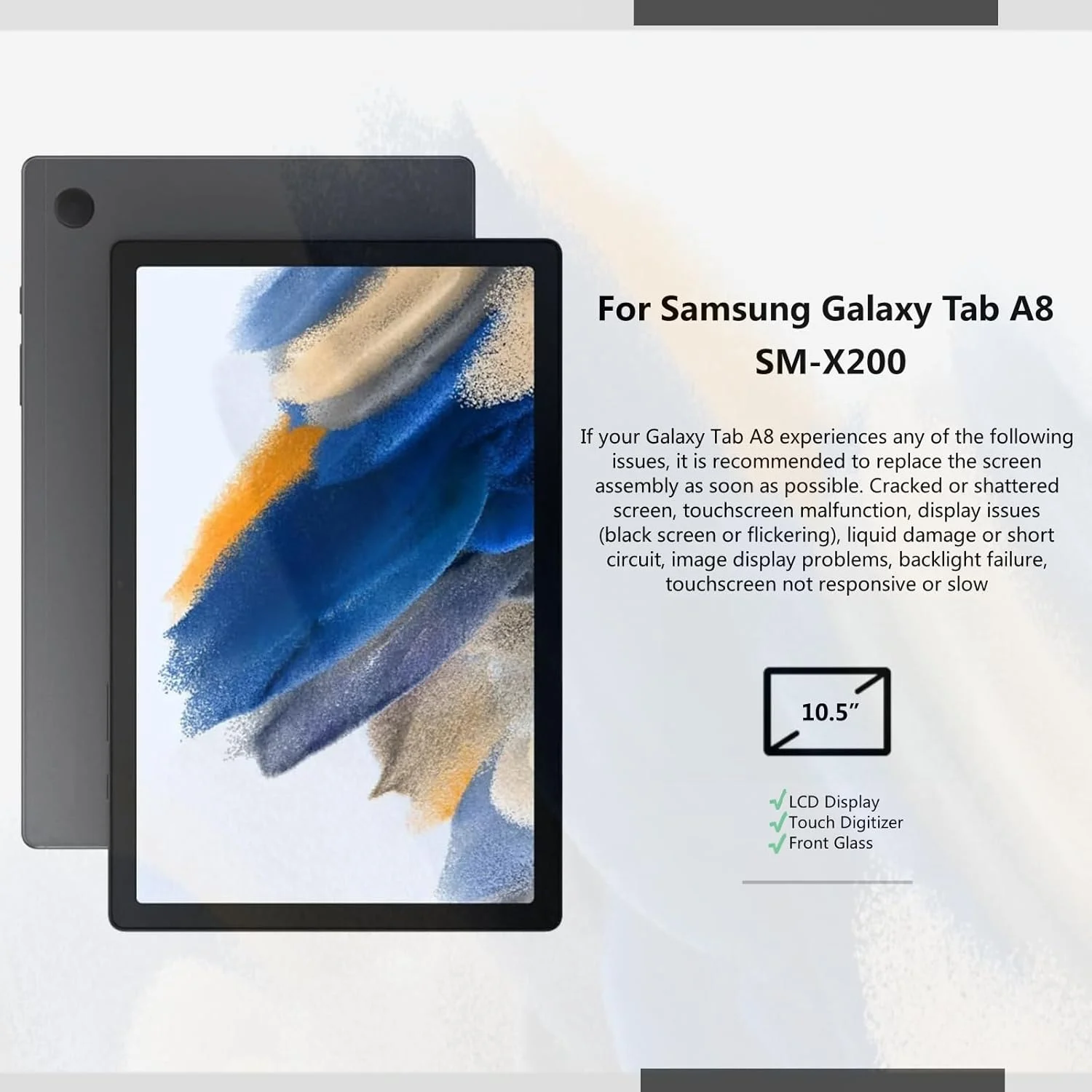 مناسب برای تبلت سامسونگ گلکسی تب A8 مدل SM-X200 با اندازه 10.5 اینچ (2021)، کیت تعویض صفحه نمایش تبلت، صفحه نمایش LCD به همراه تاچ اسکرین و دیجیتایزر، قطعات کامل برای تعمیر + محافظ صفحه نمایش (بدون قاب)