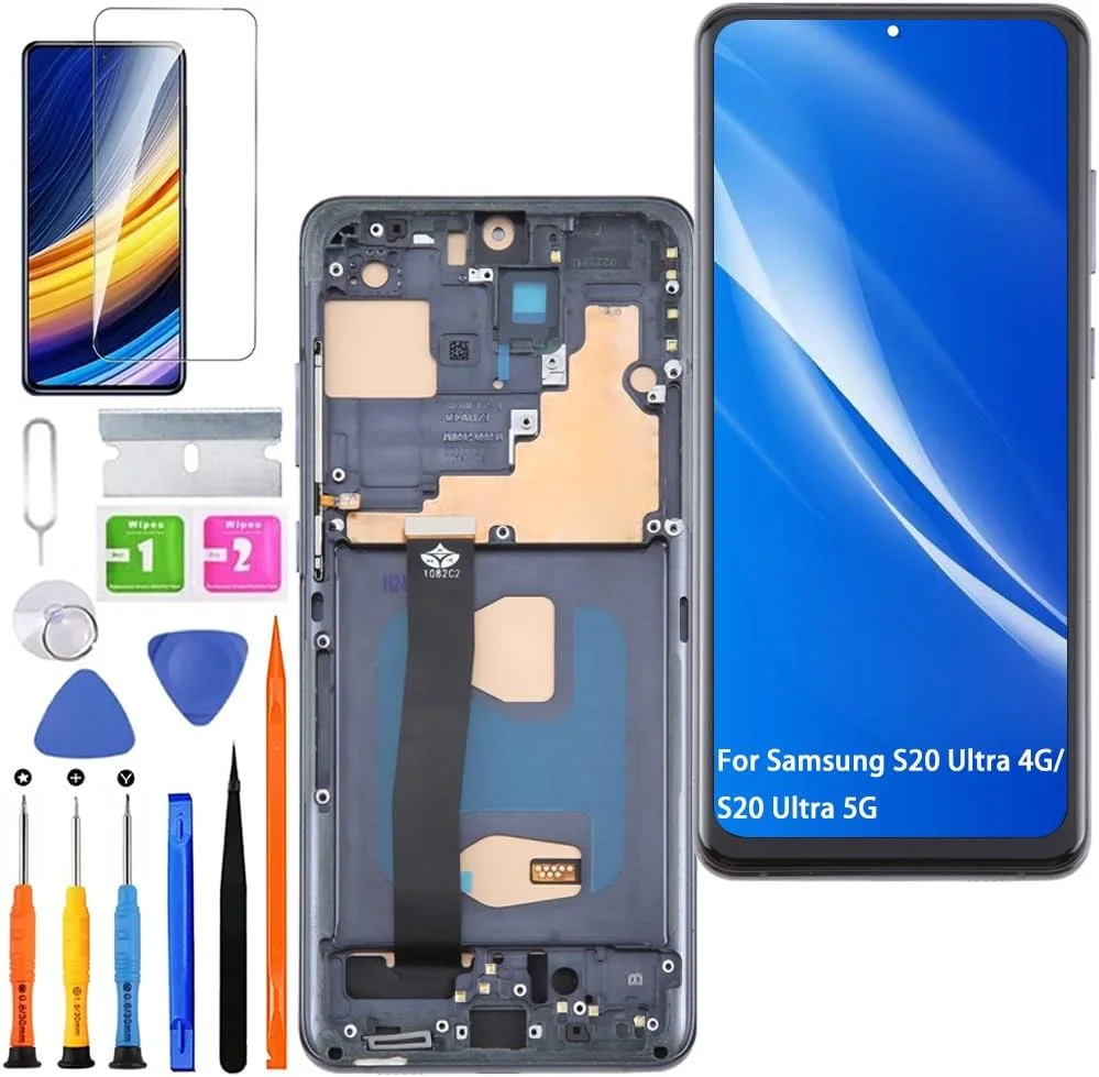 صفحه نمایش جایگزین برای گوشی سامسونگ گلکسی اس 20 اولترا 4G/S20 اولترا 5G LCD TFT، کیت قطعات تعمیر تاچ و ال سی دی مدل G988B/DS G988B (مشکی با فریم، بدون اثر انگشت)
