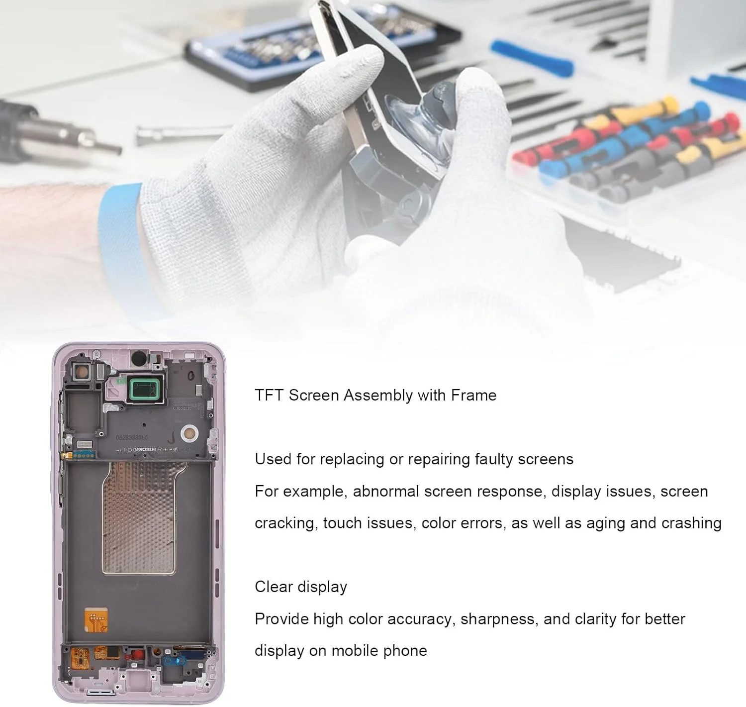 تعویض صفحه نمایش برای A55 5G، مجموعه دیجیتایزر صفحه لمسی TFT با قاب و ابزار تعمیر، دیجیتایزر صفحه نمایش لمسی تلفن، وضوح و شفافیت بالا (بنفش) تعویض صفحه نمایش برای A55 5G، مجموعه دیجیتایزر صفحه لمسی TFT با قاب و ابزار تعمیر، دیجیتایزر صفحه نمایش لمسی تلفن، وضوح و شفافیت بالا (بنفش)