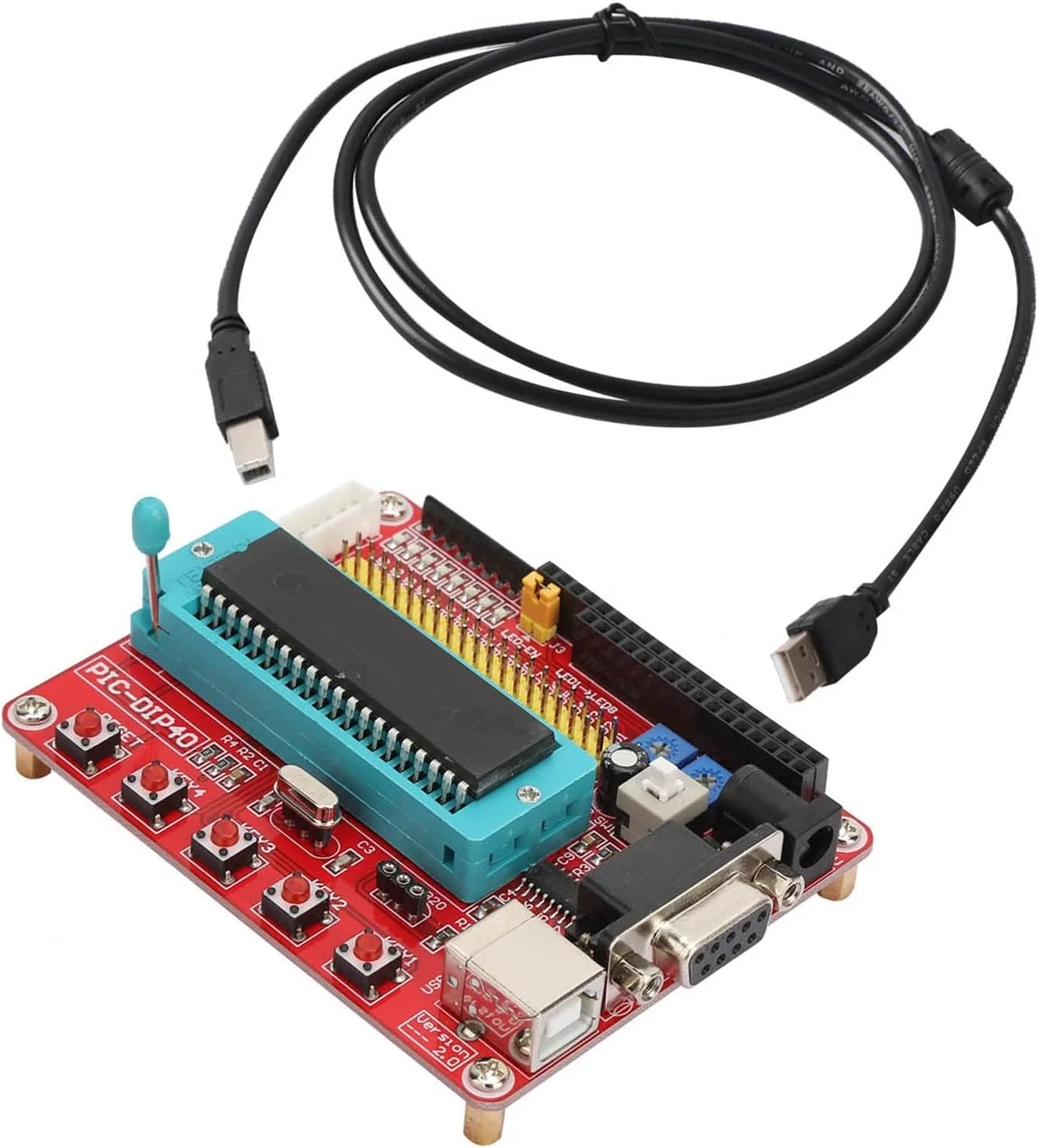 برد آموزشی میکروچیپ Eacam PIC16F877A، اسیلاتور کریستالی 4M، صفحه کلید 4 بیتی، 8 LED، رابط RS232، تغذیه USB با شبیه سازی ICSP، VCC GND، رابط LCD، ابعاد برد